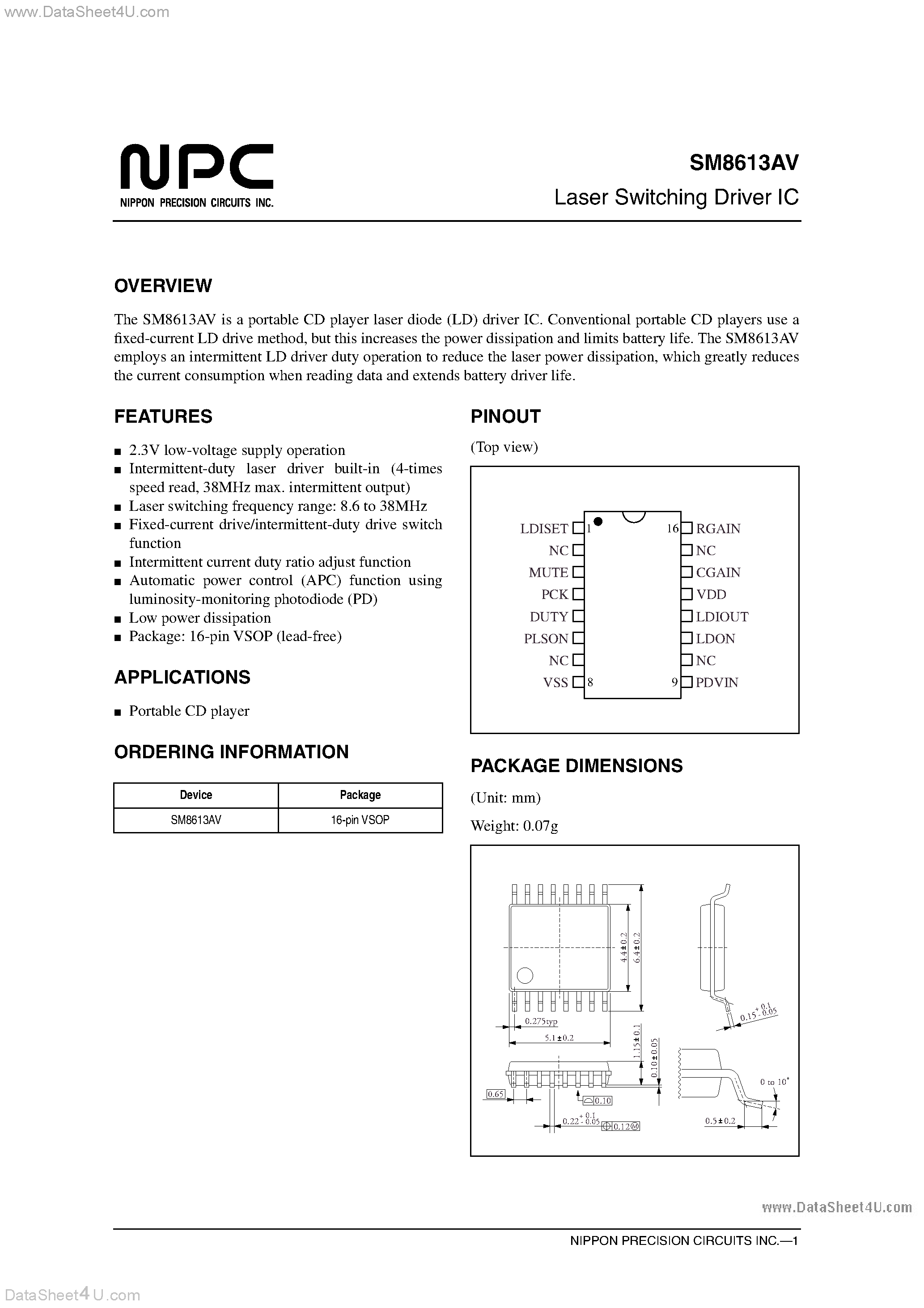 Datasheet SM8613AV page 1 Datasheet SM8613AV - Laser Switching Driver IC page 1