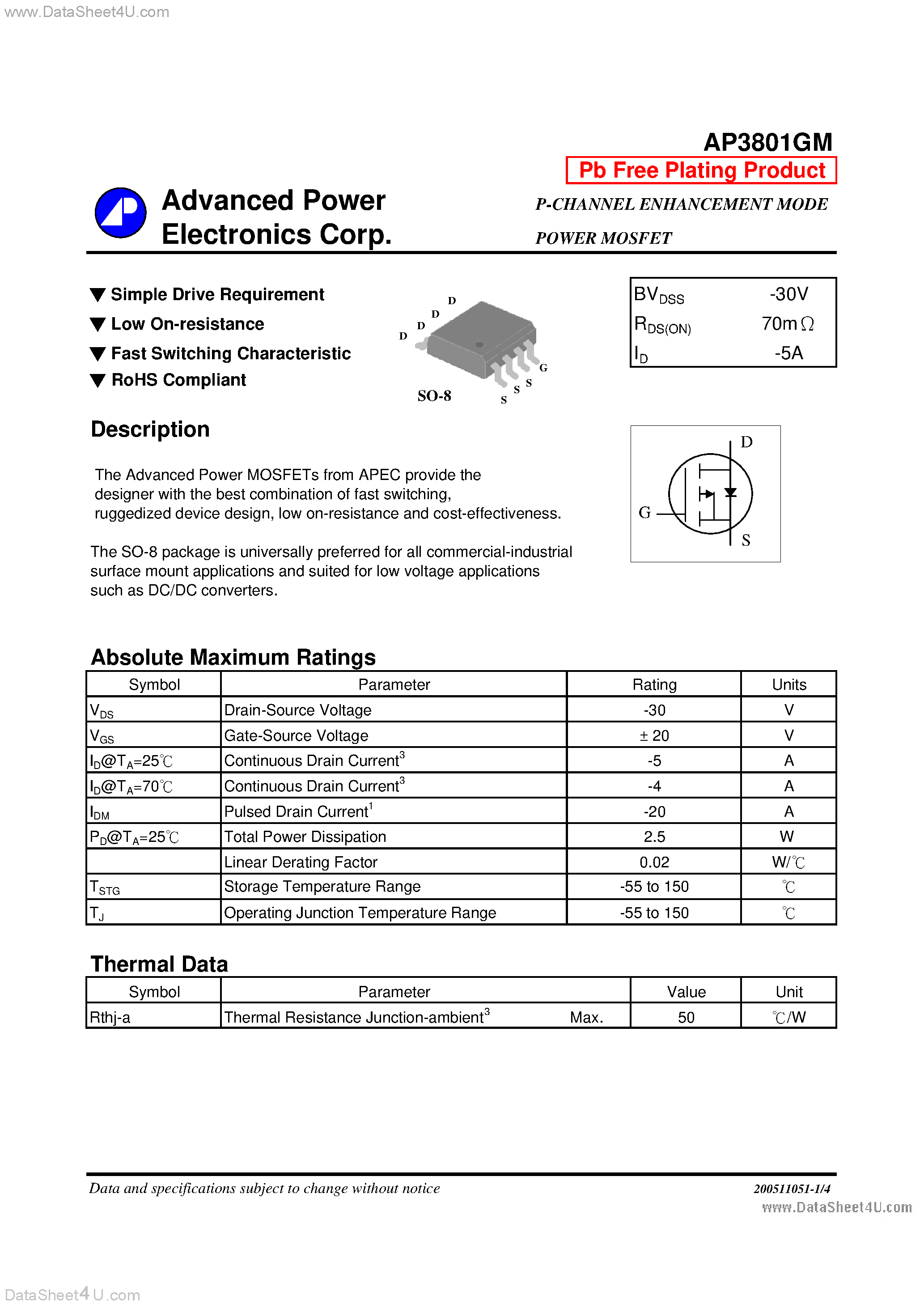 Даташит AP3801GM - P-CHANNEL ENHANCEMENT MODE POWER MOSFET страница 1