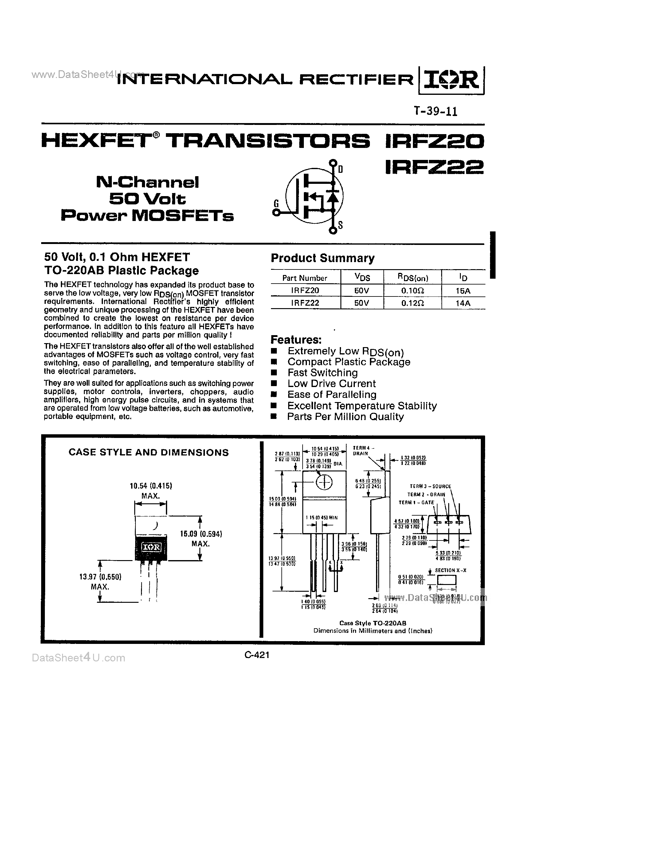 Datasheet IRFZ20 - (IRFZ20 / IRFZ22) HEXFET TRANSISTORS page 1