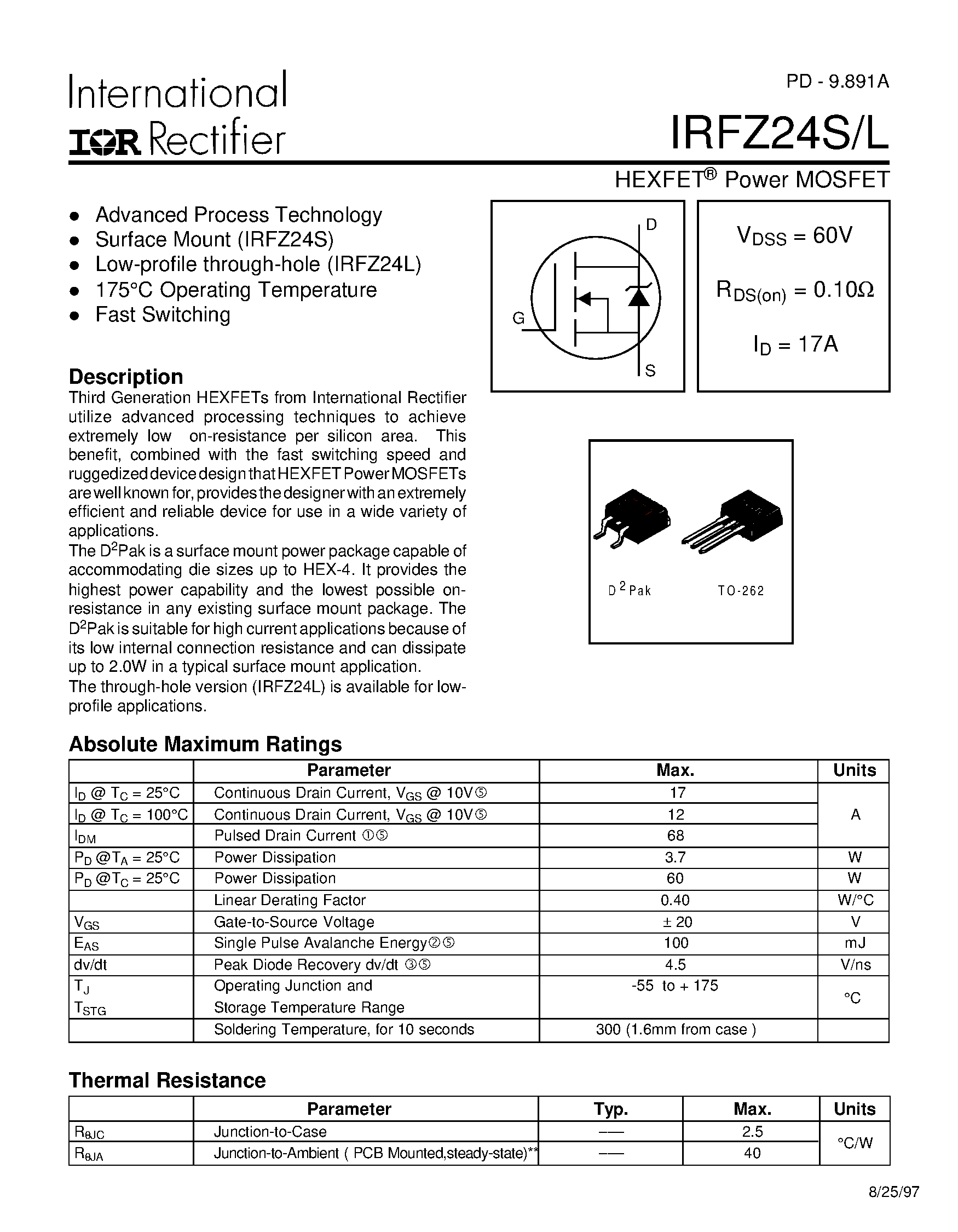Datasheet IRFZ24L - HEXFET Power MOSFET page 1