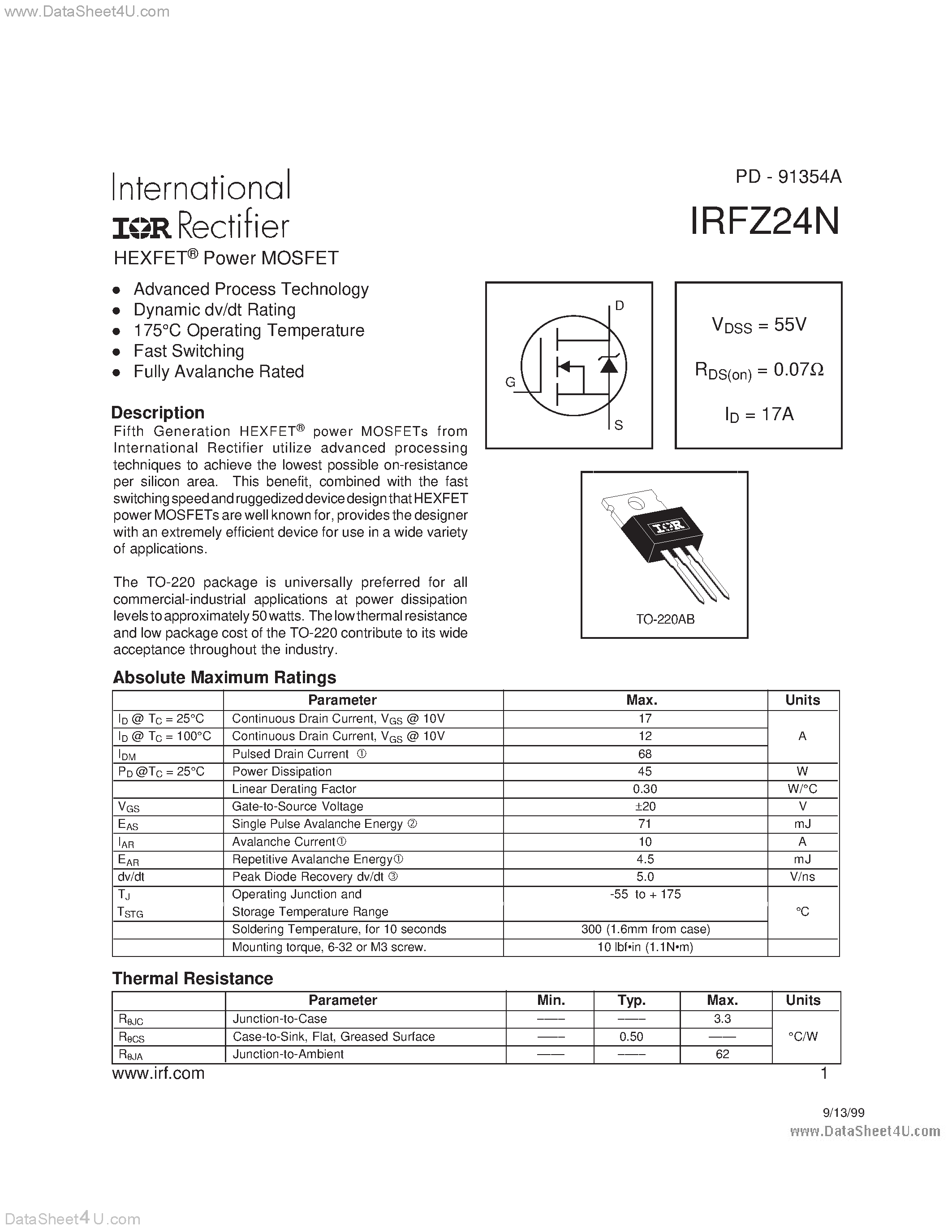 Datasheet IRFZ24N - Power MOSFET page 1