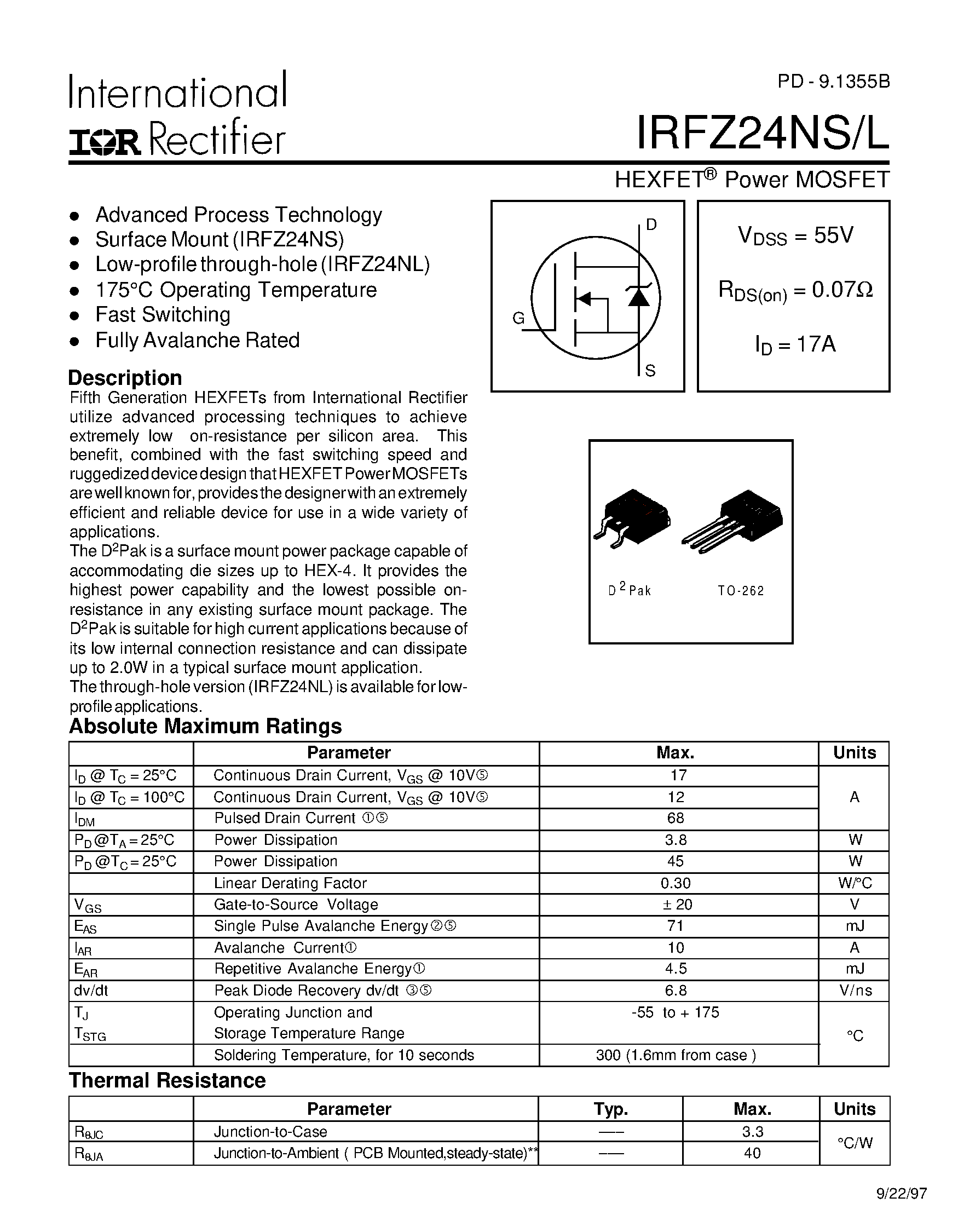 Datasheet IRFZ24NL - Power MOSFET page 1