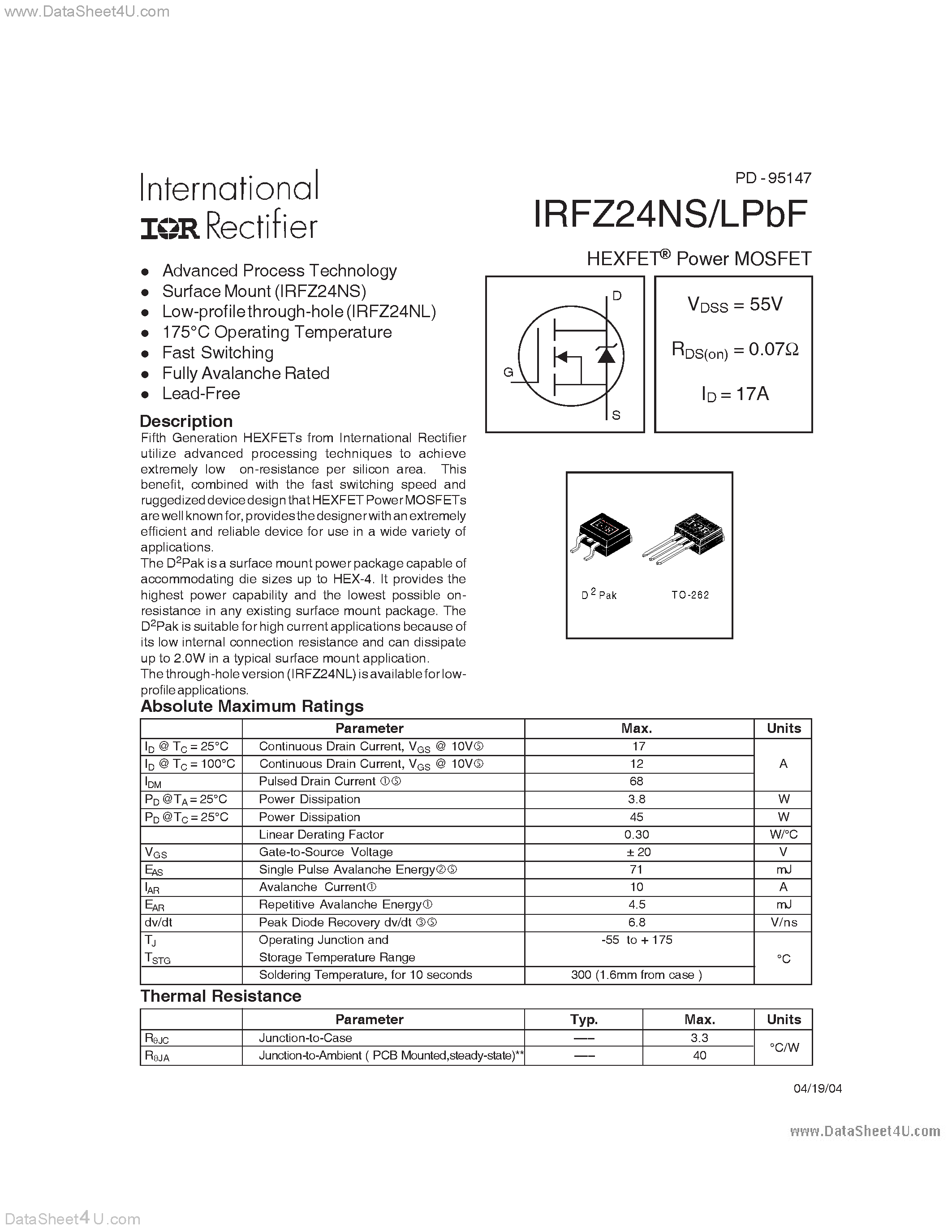 Datasheet IRFZ24NLPBF - HEXFET Power MOSFET page 1