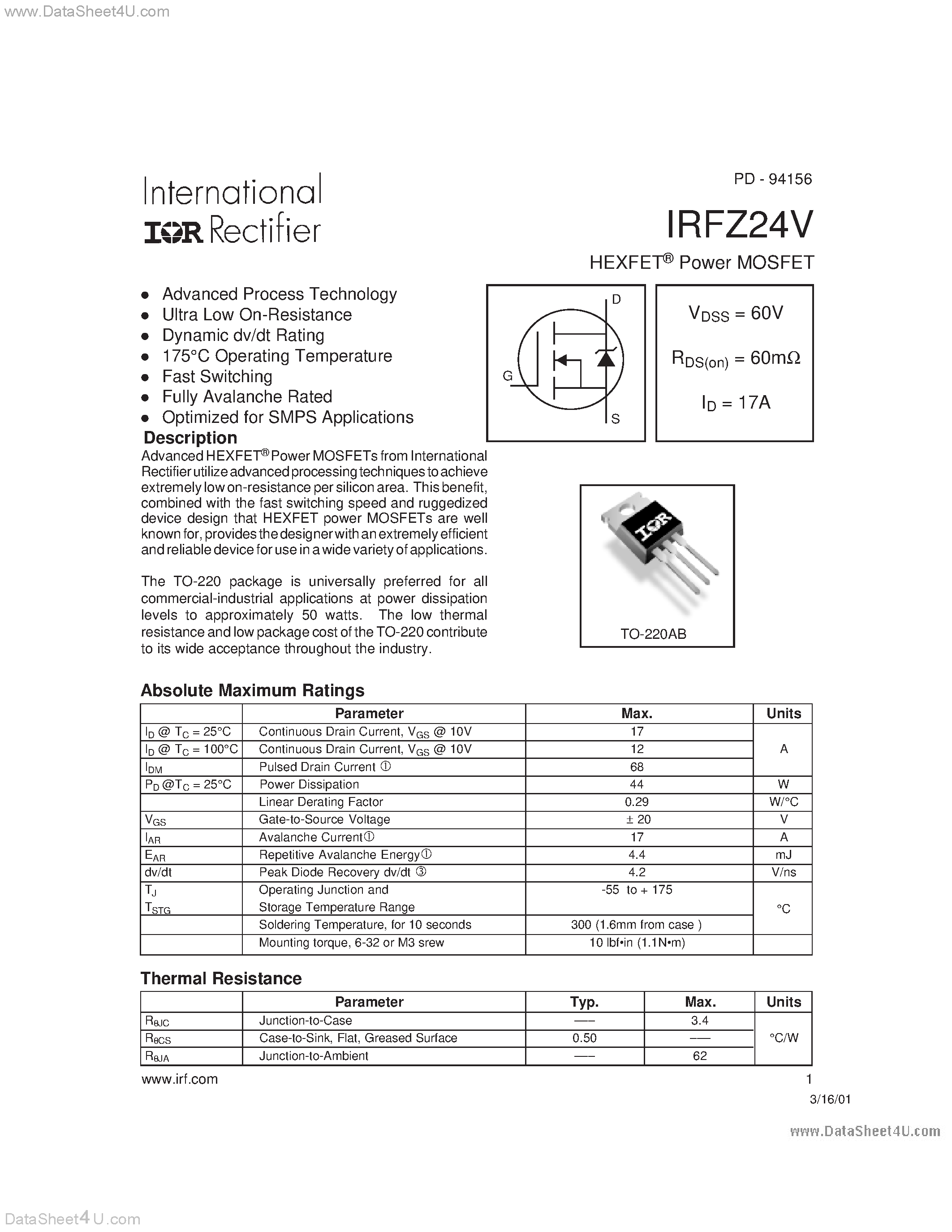 Datasheet IRFZ24V - Power MOSFET page 1