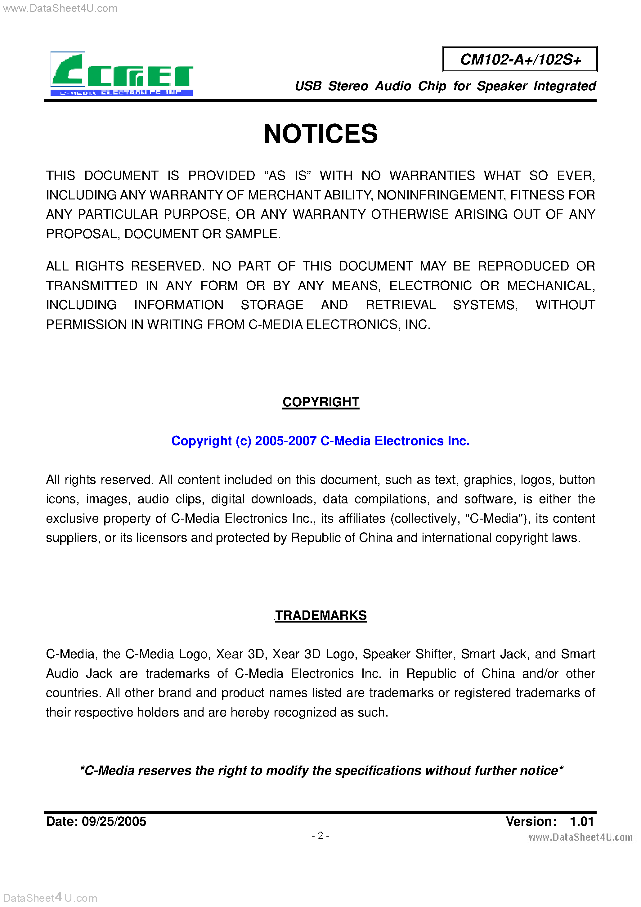 Datasheet CM102-A+ - USB 2CH Audio Controller for Speaker page 2
