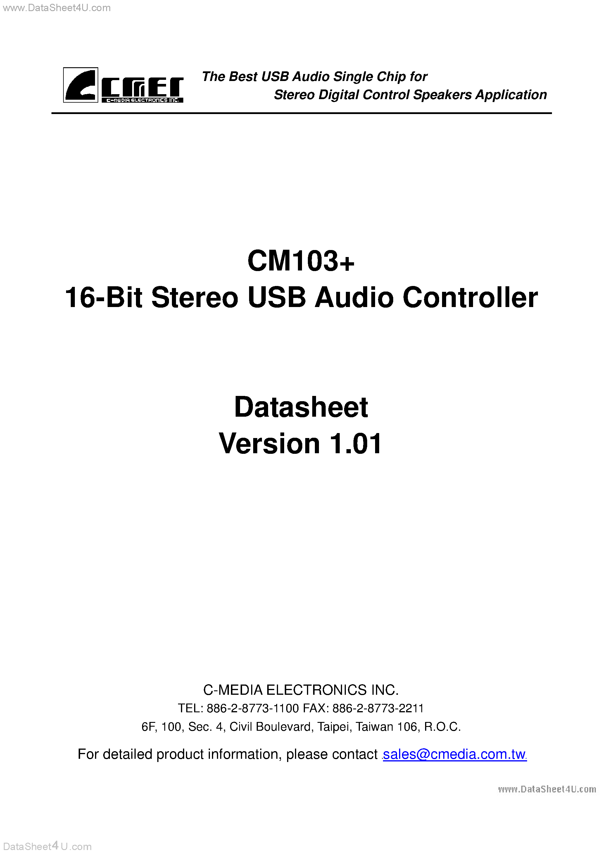 Даташит CM103+ - 16-Bit Stereo USB Audio Controller страница 1