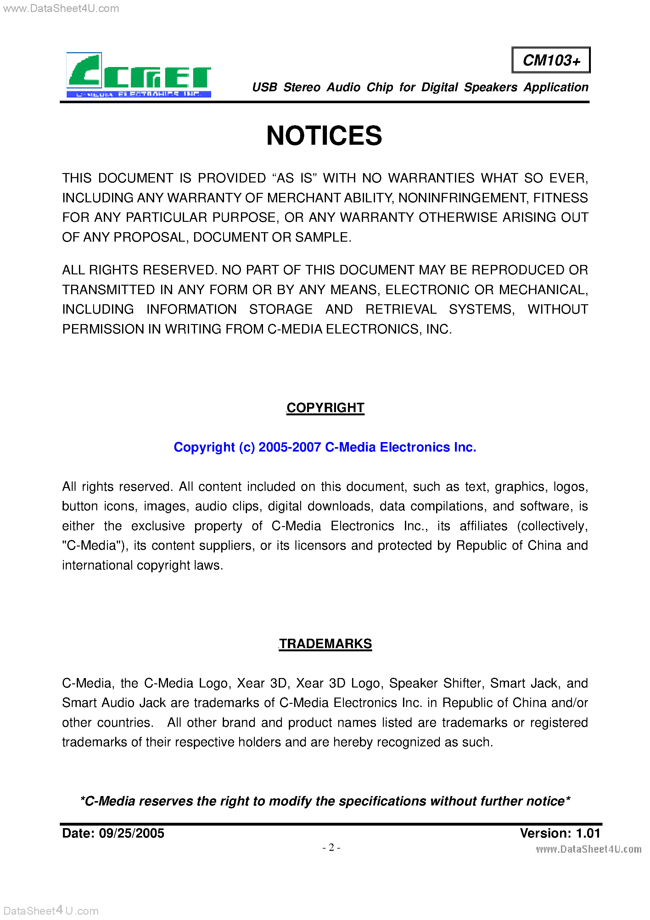Даташит CM103+ - 16-Bit Stereo USB Audio Controller страница 2