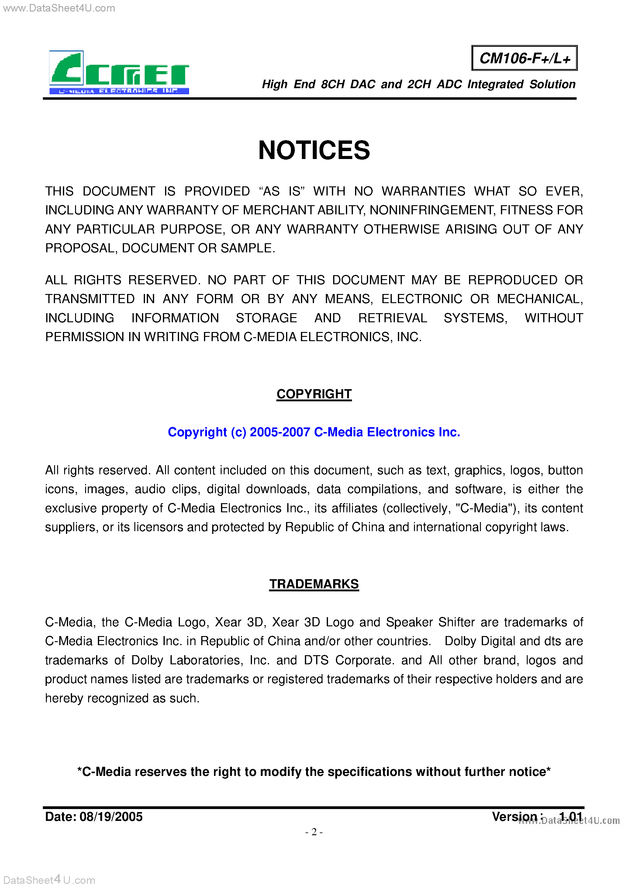 Даташит на микросхему CM106-F+ страница 2 Даташит CM106-F+ - USB Audio I/O Controller страница 2