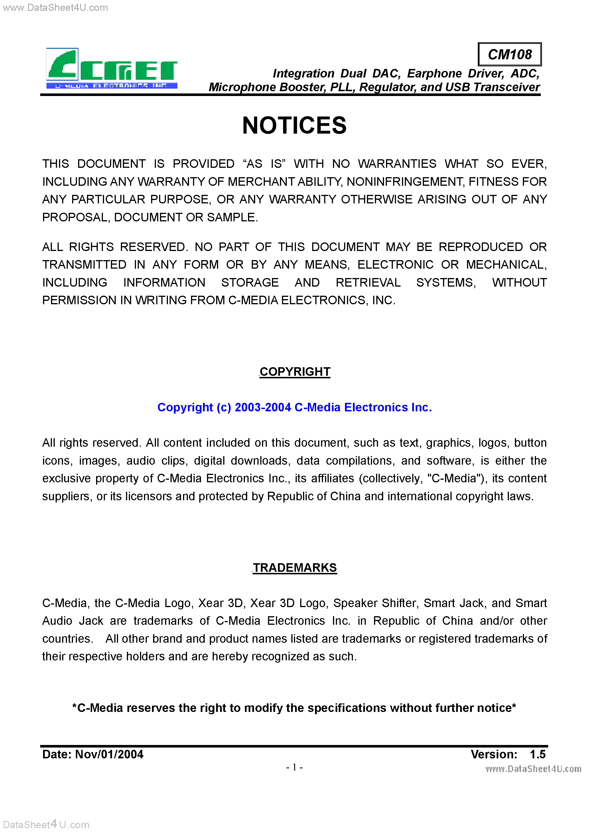 Даташит на микросхему CM108 страница 2 Даташит CM108 - USB Audio I/O Controller страница 2