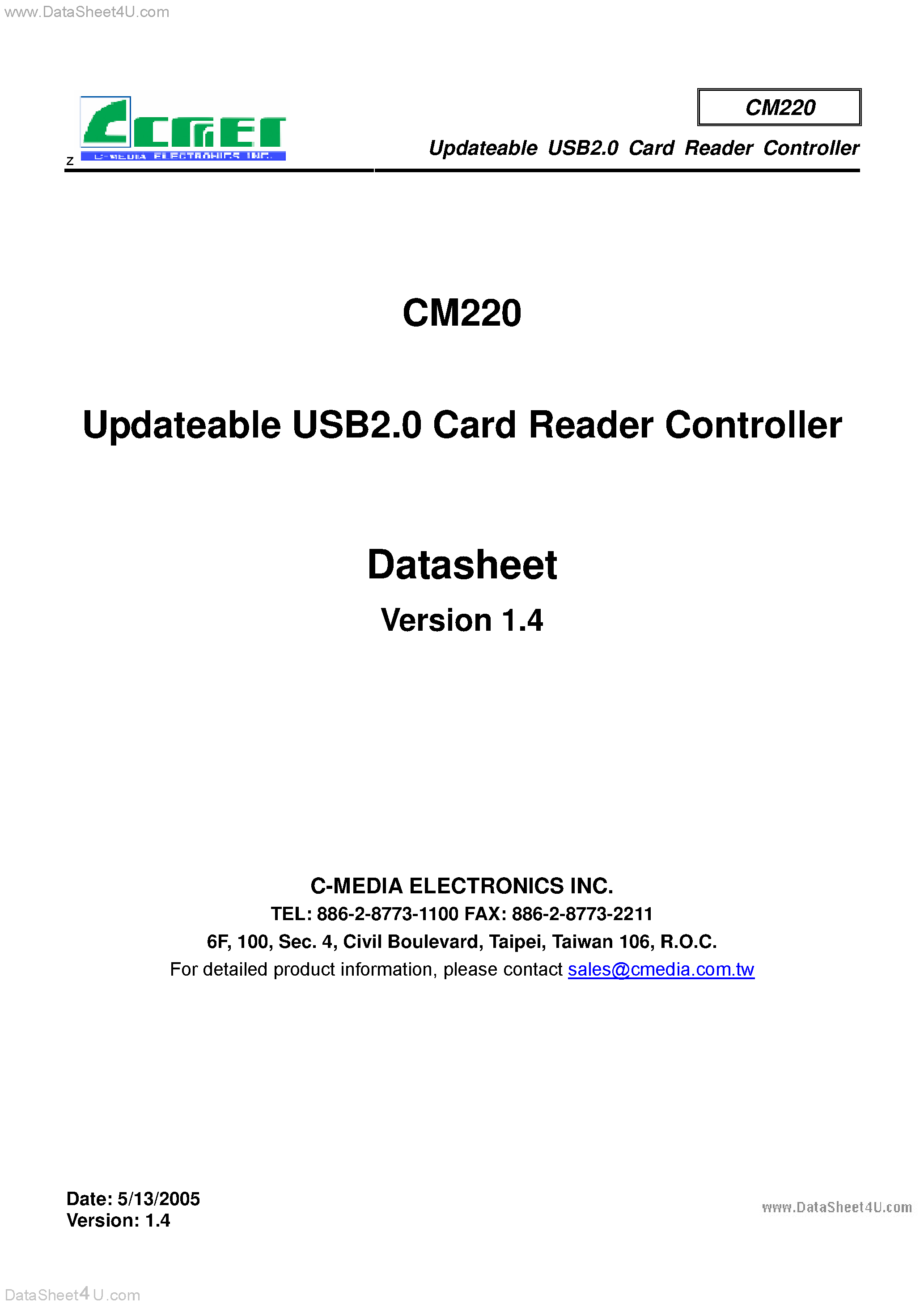 Datasheet CM220 page 1 Datasheet CM220 - Updateable USB2.0 Card Reader Controller page 1