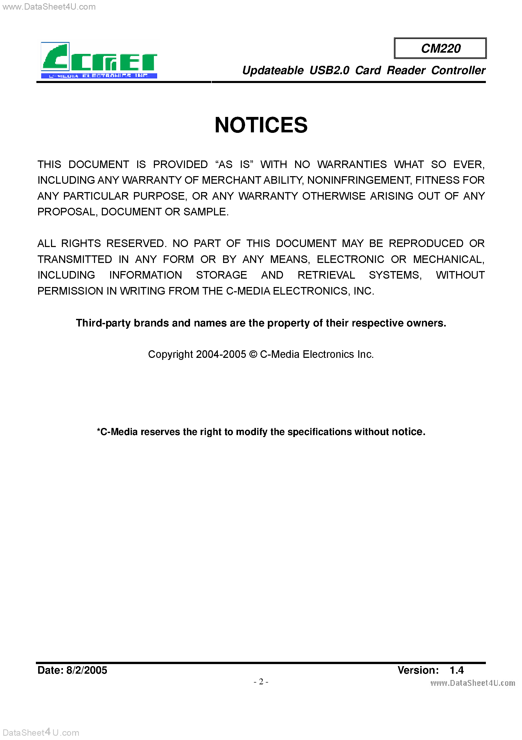 Datasheet CM220 page 2 Datasheet CM220 - Updateable USB2.0 Card Reader Controller page 2