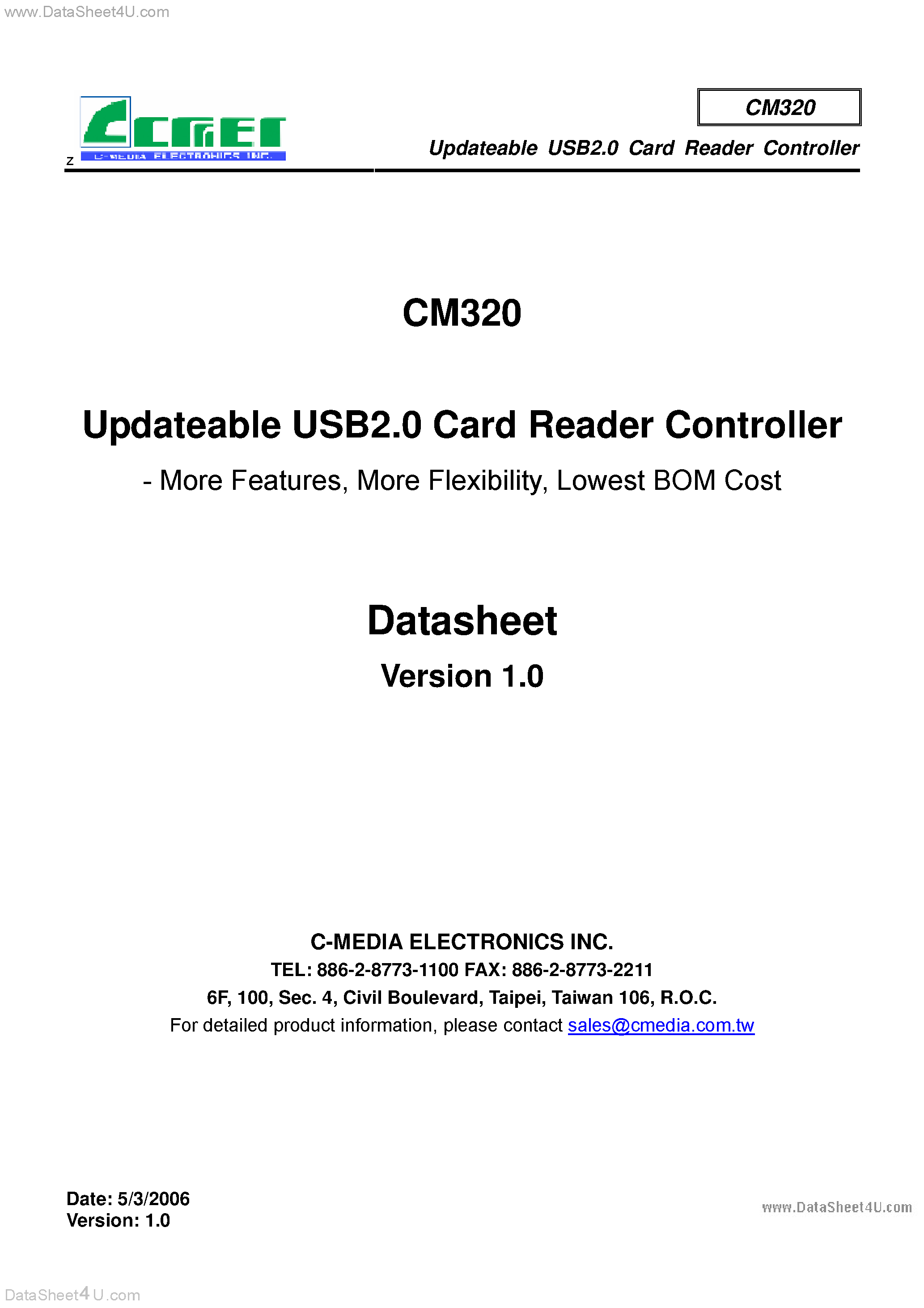 Datasheet CM320 page 1 Datasheet CM320 - USB2.0 Card Reader Controller page 1