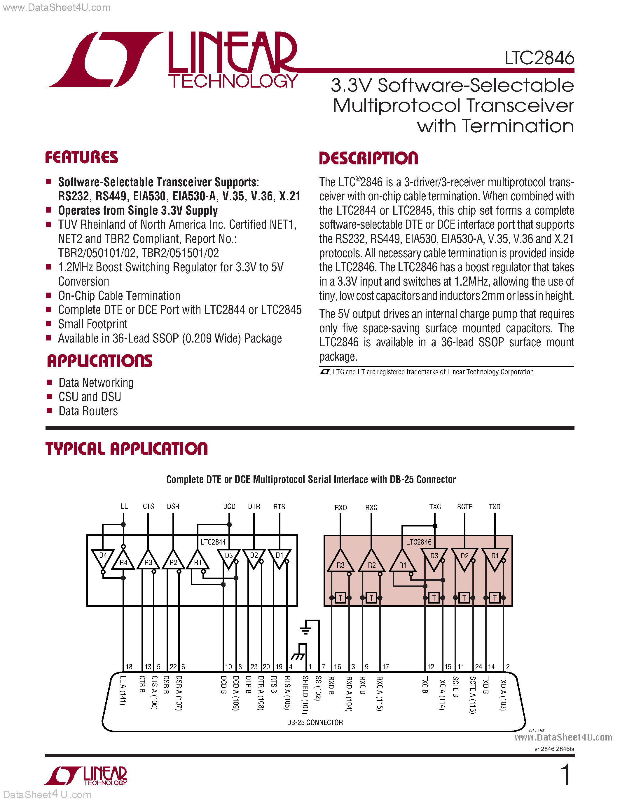 Datasheet LTC2846 - 3.3V Software-Selectable Multiprotocol Transceiver with Termination page 1