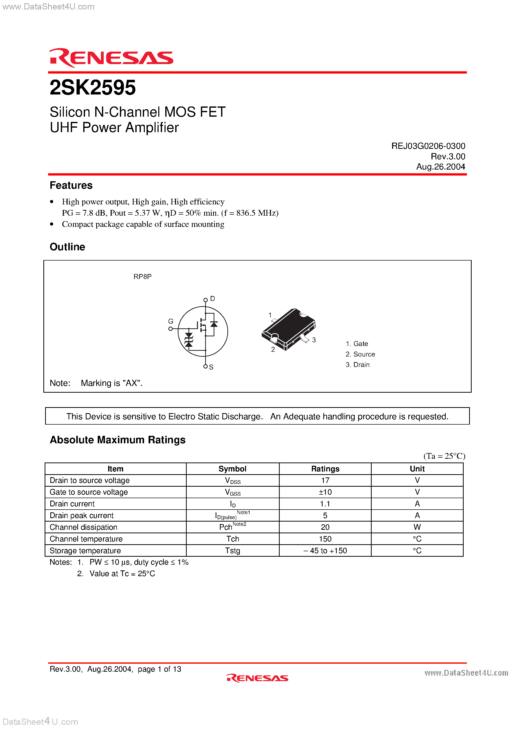 Datasheet 2SK2595 page 1 Datasheet 2SK2595 - Silicon N-Channel MOS FET UHF Power AMplifier page 1