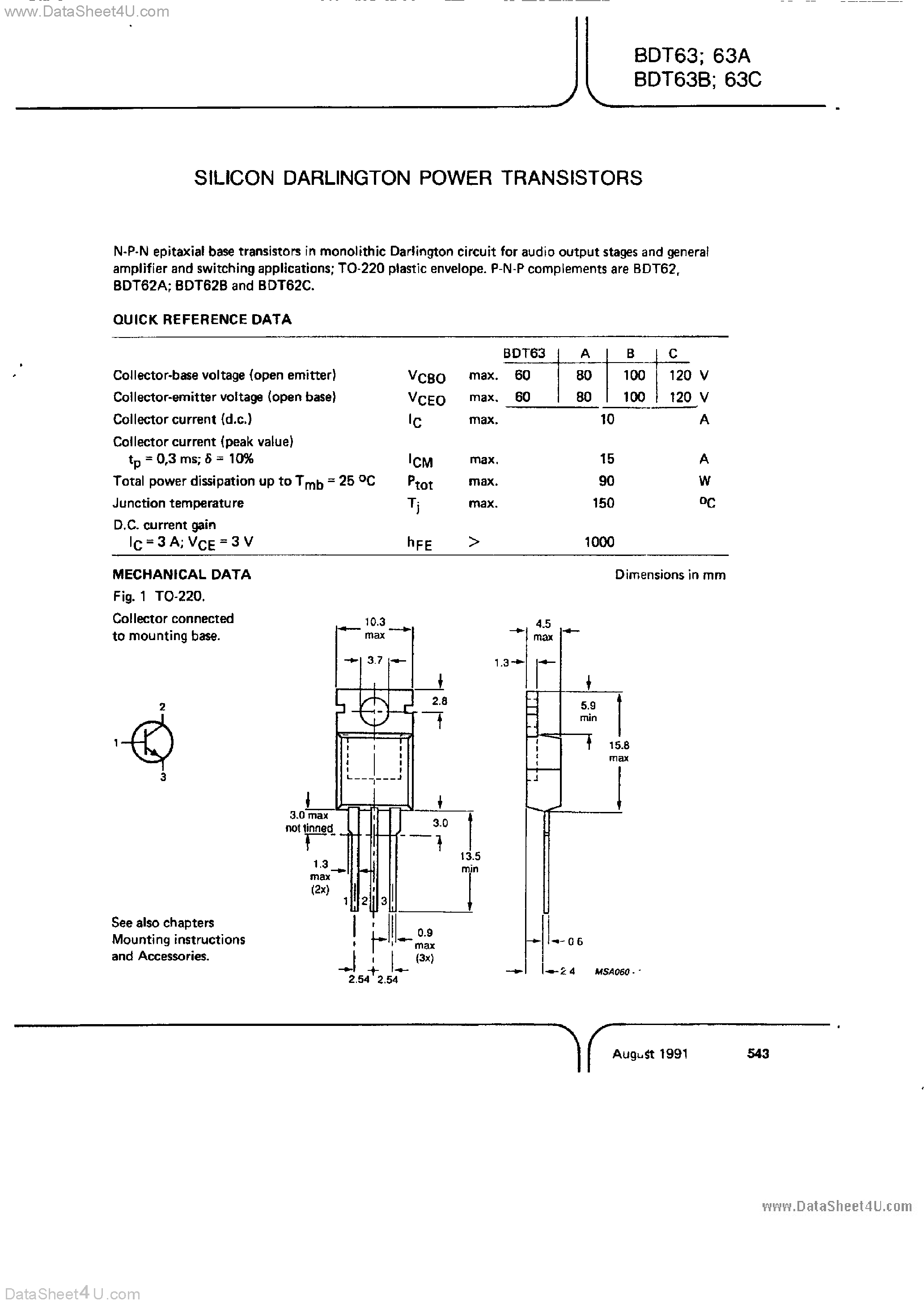 Даташит BDT63 - Silicon Darlington Power Transistors страница 1