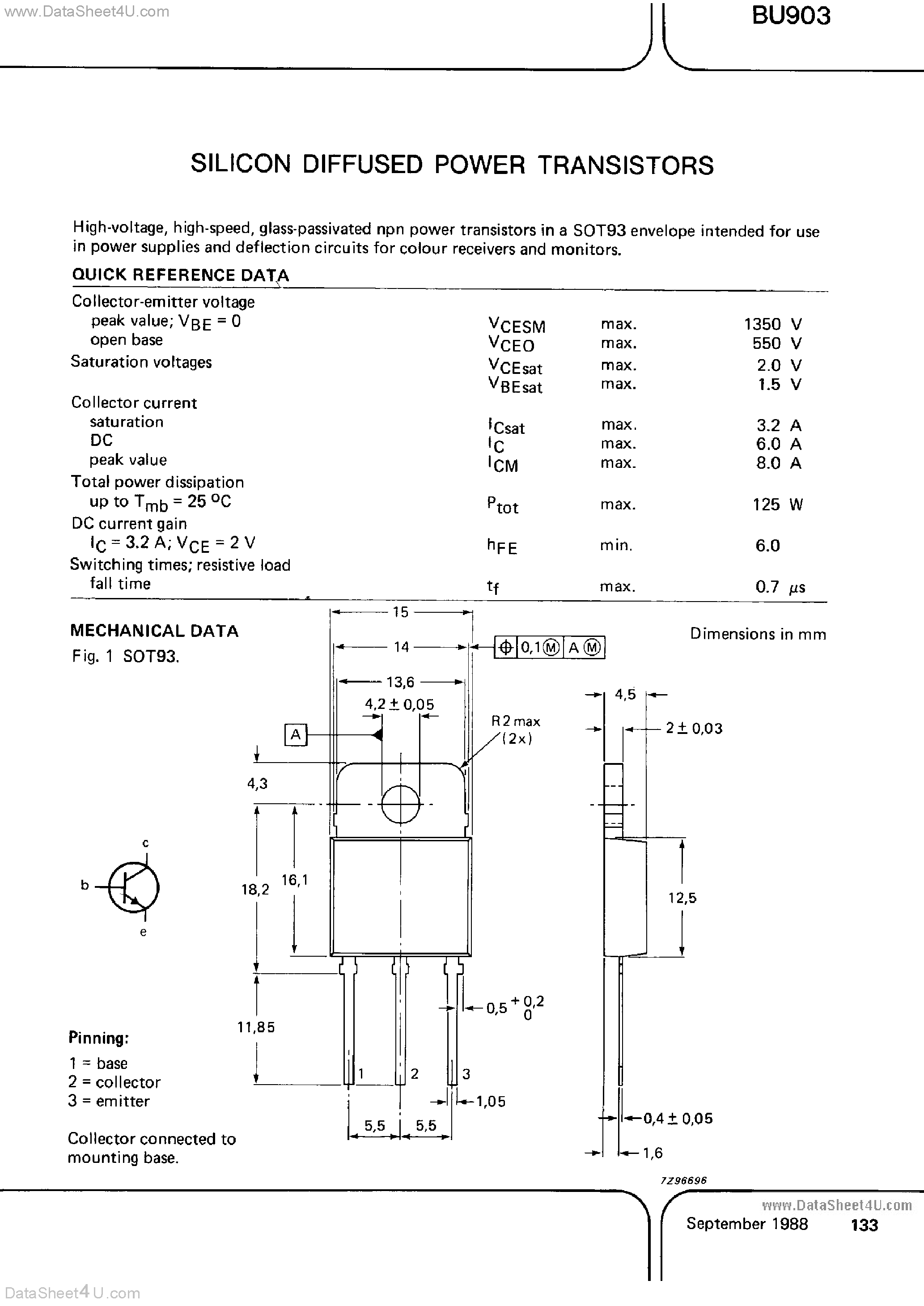 Даташит BU903 - Silicon Diffused Power Transistors страница 1