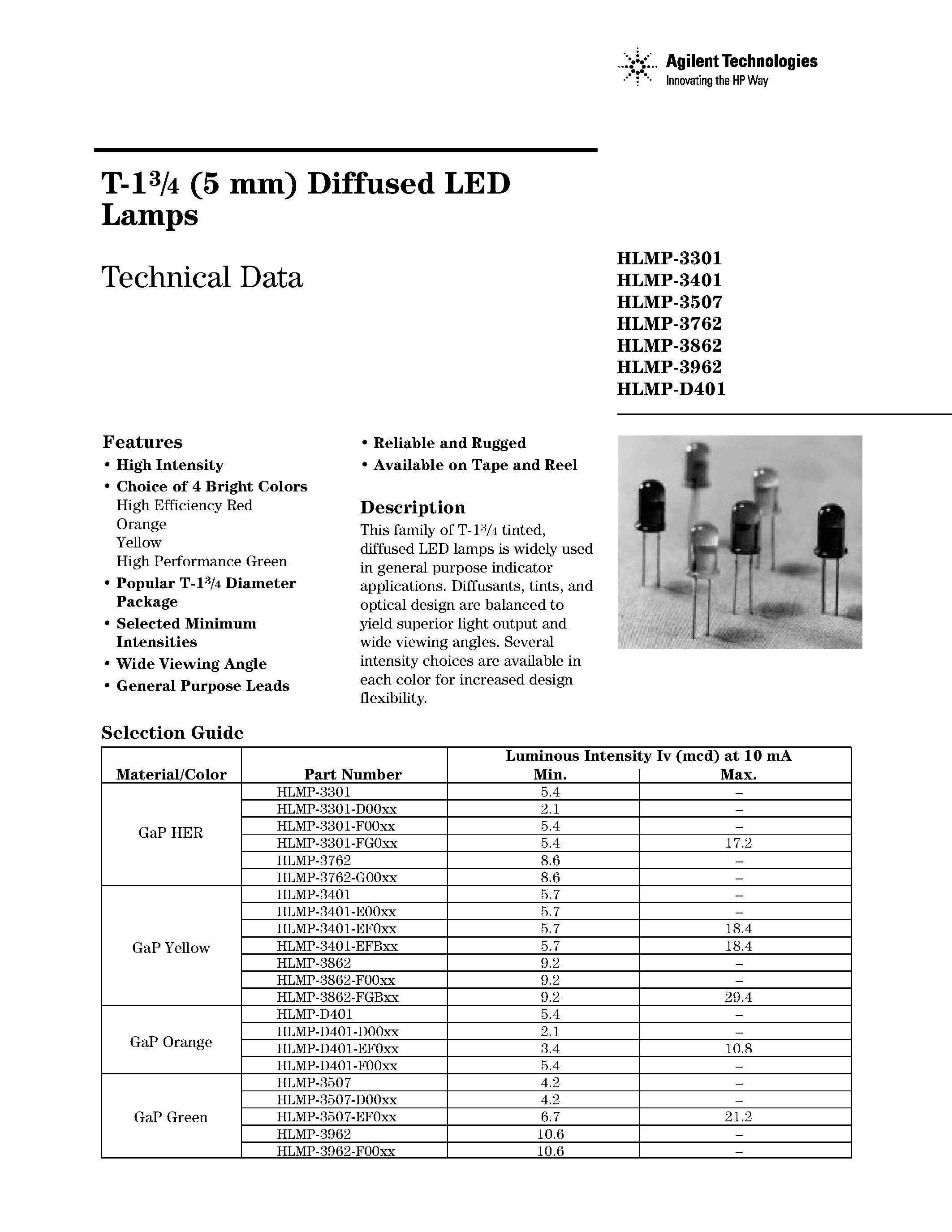 Даташит HLMP-3301 - (HLMP-3xxx) T-1 3/4 (5 mm) Diffused LED Lamps страница 1