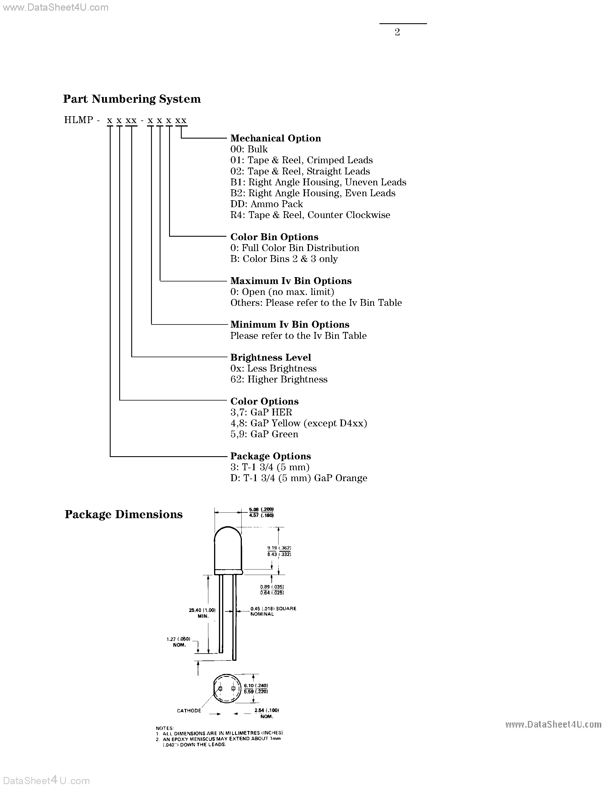 Даташит на микросхему HLMP-3301 страница 2 Даташит HLMP-3301 - (HLMP-3xxx) T-1 3/4 (5 mm) Diffused LED Lamps страница 2