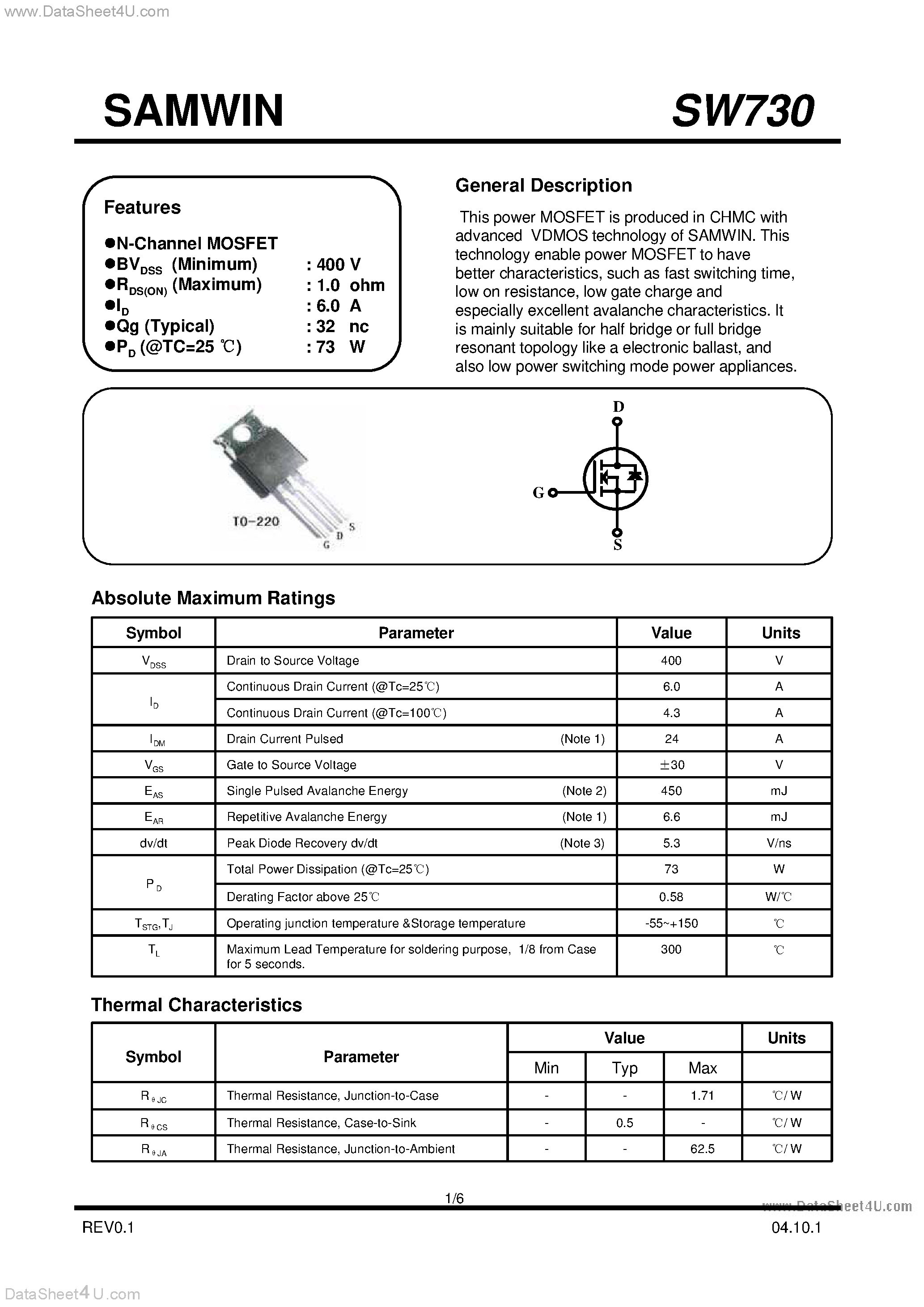 Datasheet SW730 - N-Channel MOSFET page 1