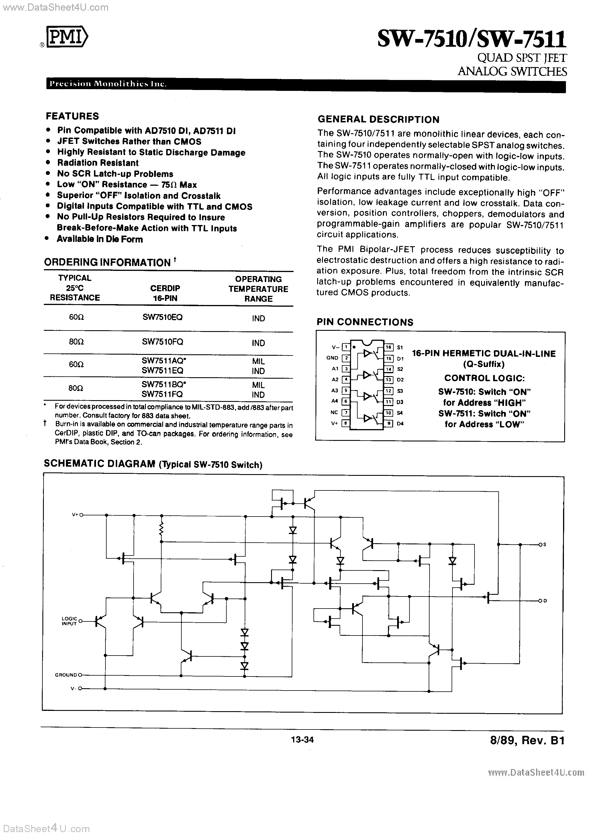 Даташит на микросхему SW-7510 страница 1 Даташит SW-7510 - (SW-7510 / SW-7511) QUAD SPST JFET ANALOG SWITCHES страница 1
