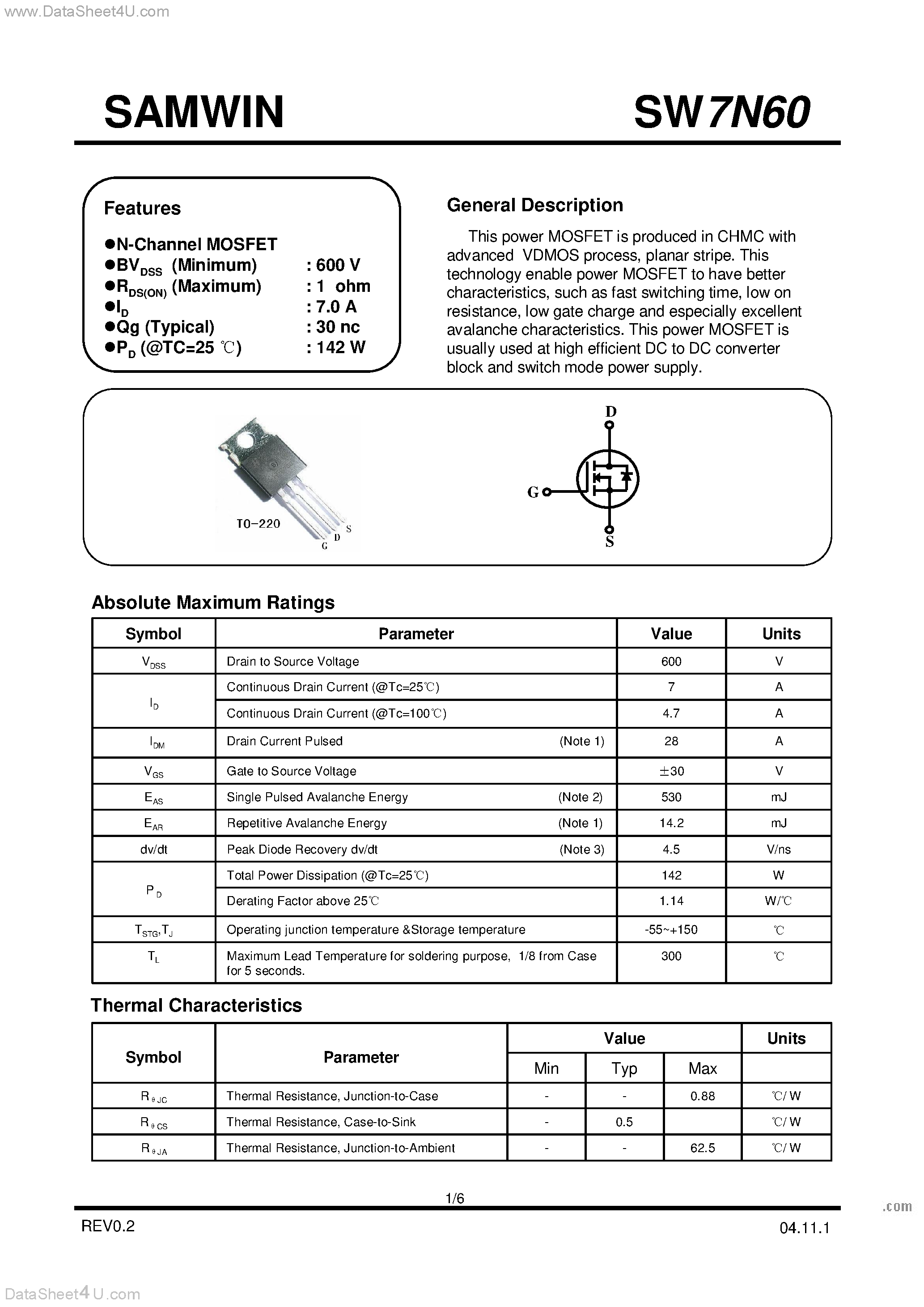 Datasheet SW7N60 page 1 Datasheet SW7N60 - N-Channel MOSFET page 1