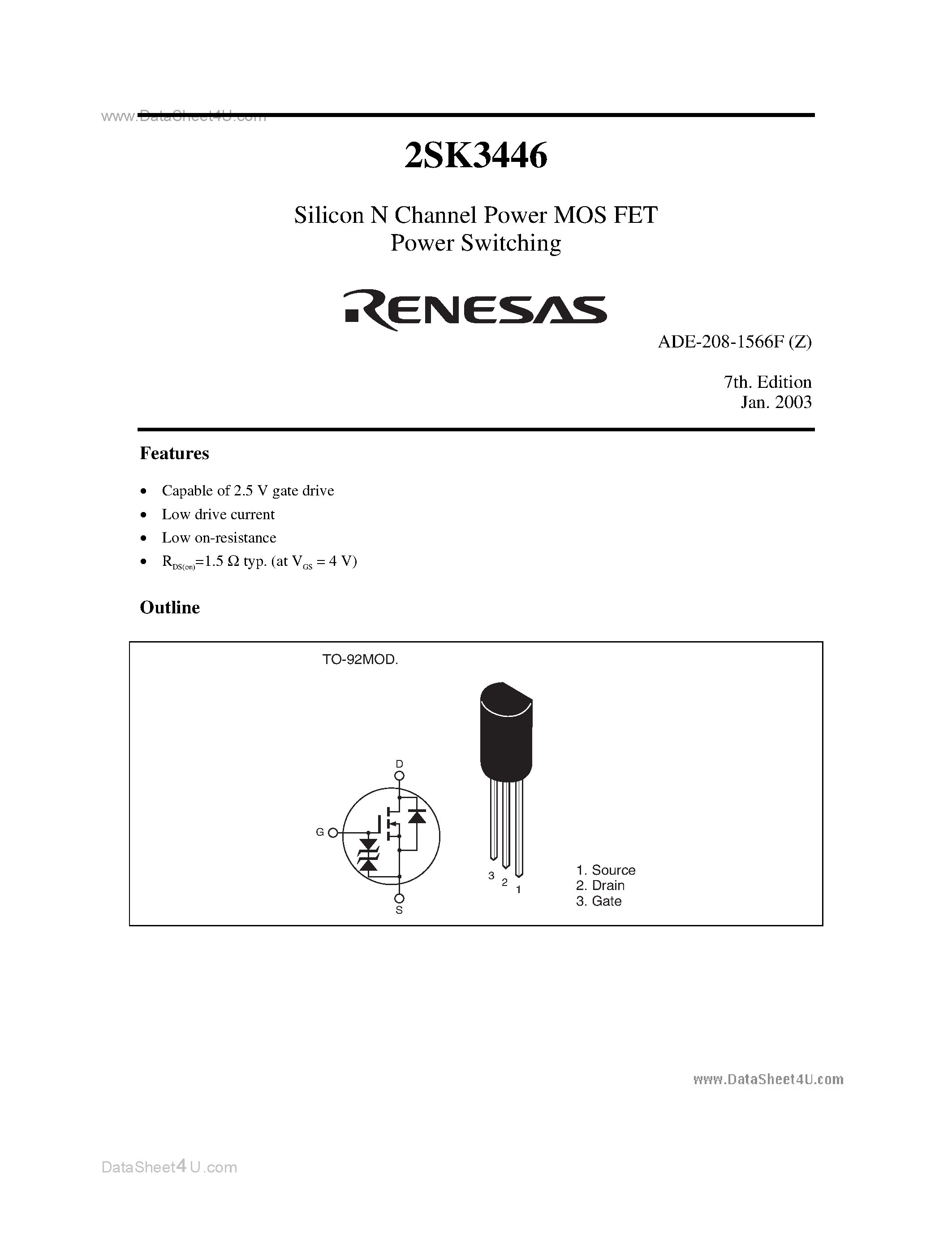 Datasheet 2SK3446 - Silicon N Channel Power MOS FET Power Switching page 1