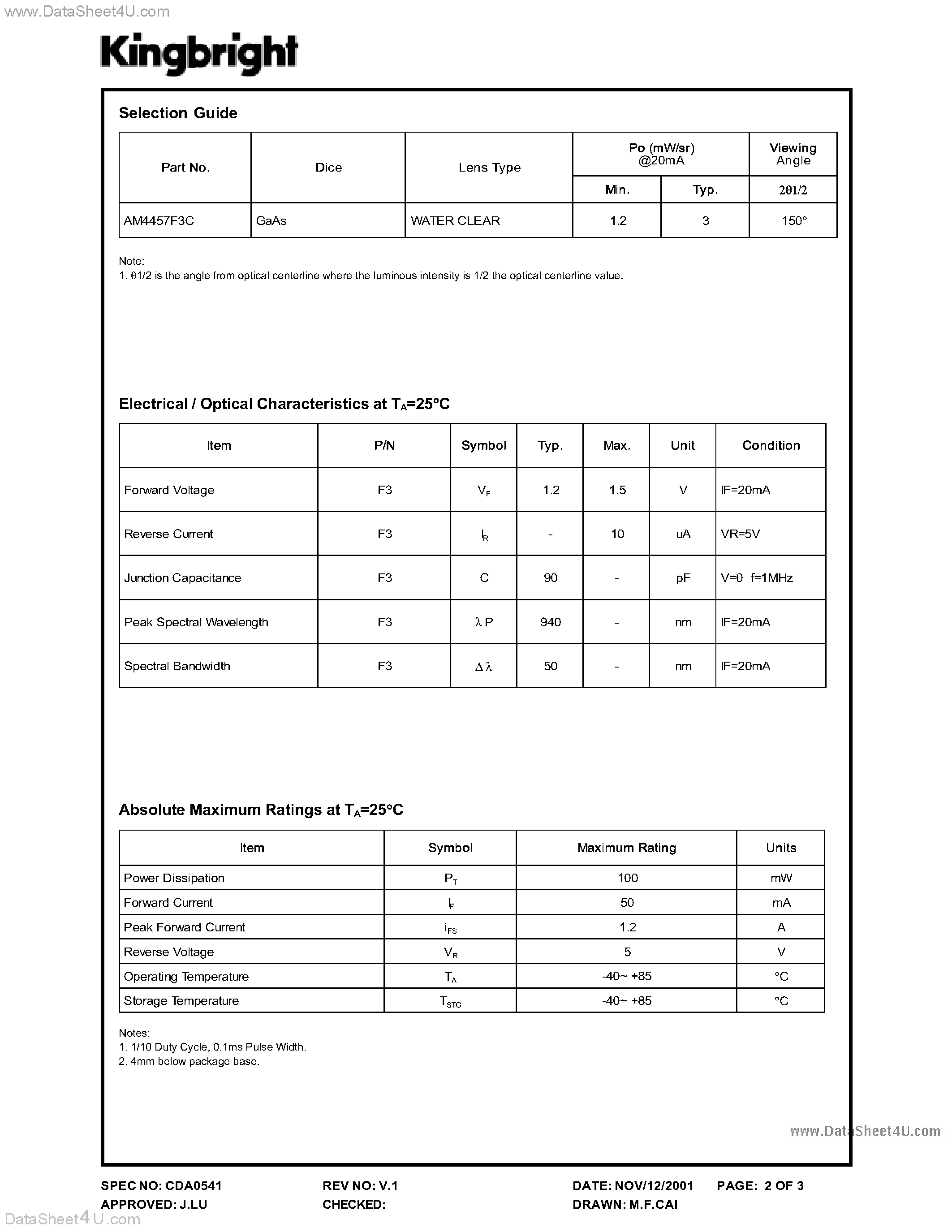 Даташит на микросхему AM4457F3C страница 2 Даташит AM4457F3C - 1.5mm SIDE LOOK INFRA-RED EMITTING DIODE страница 2