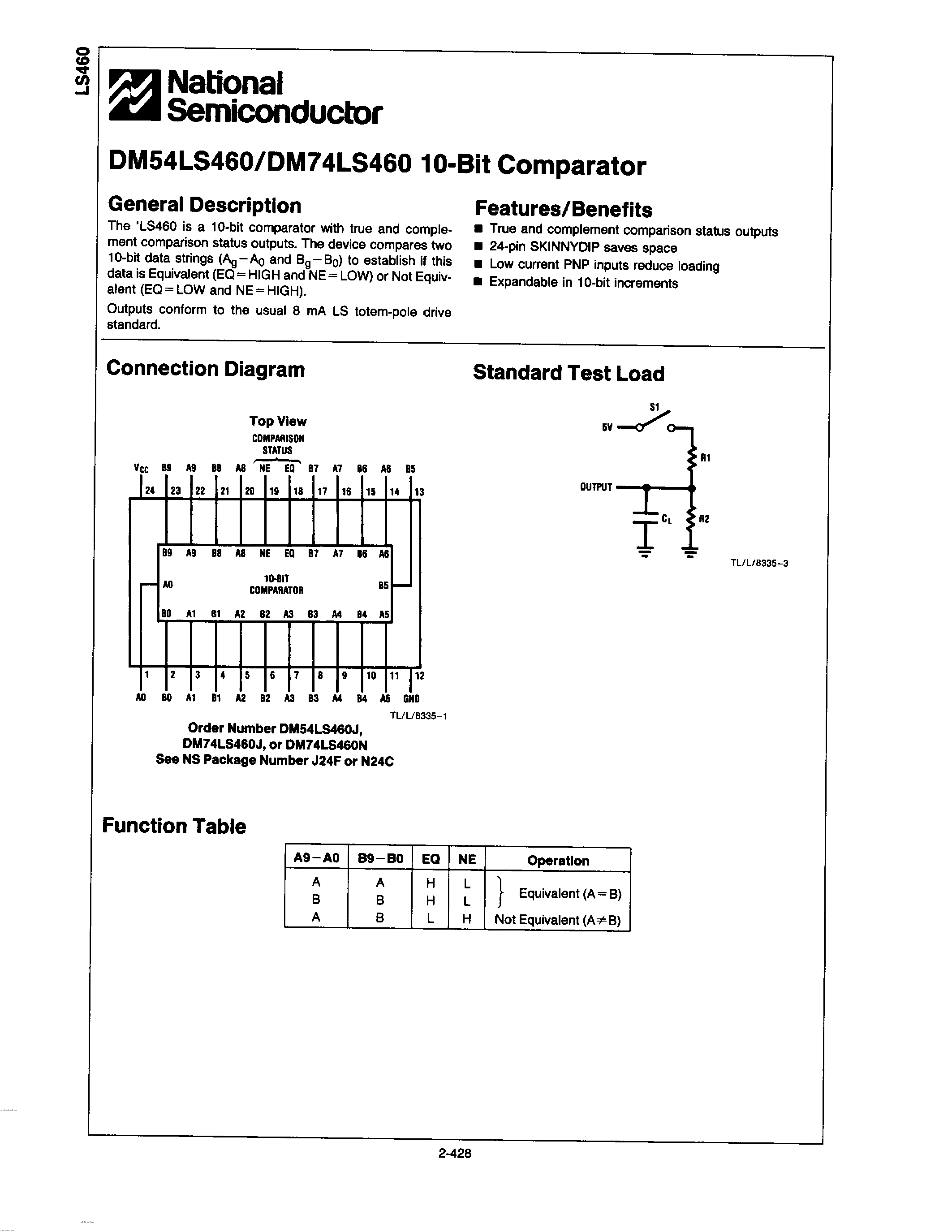 Даташит DM74LS460 - 10-Bit Comparator страница 1