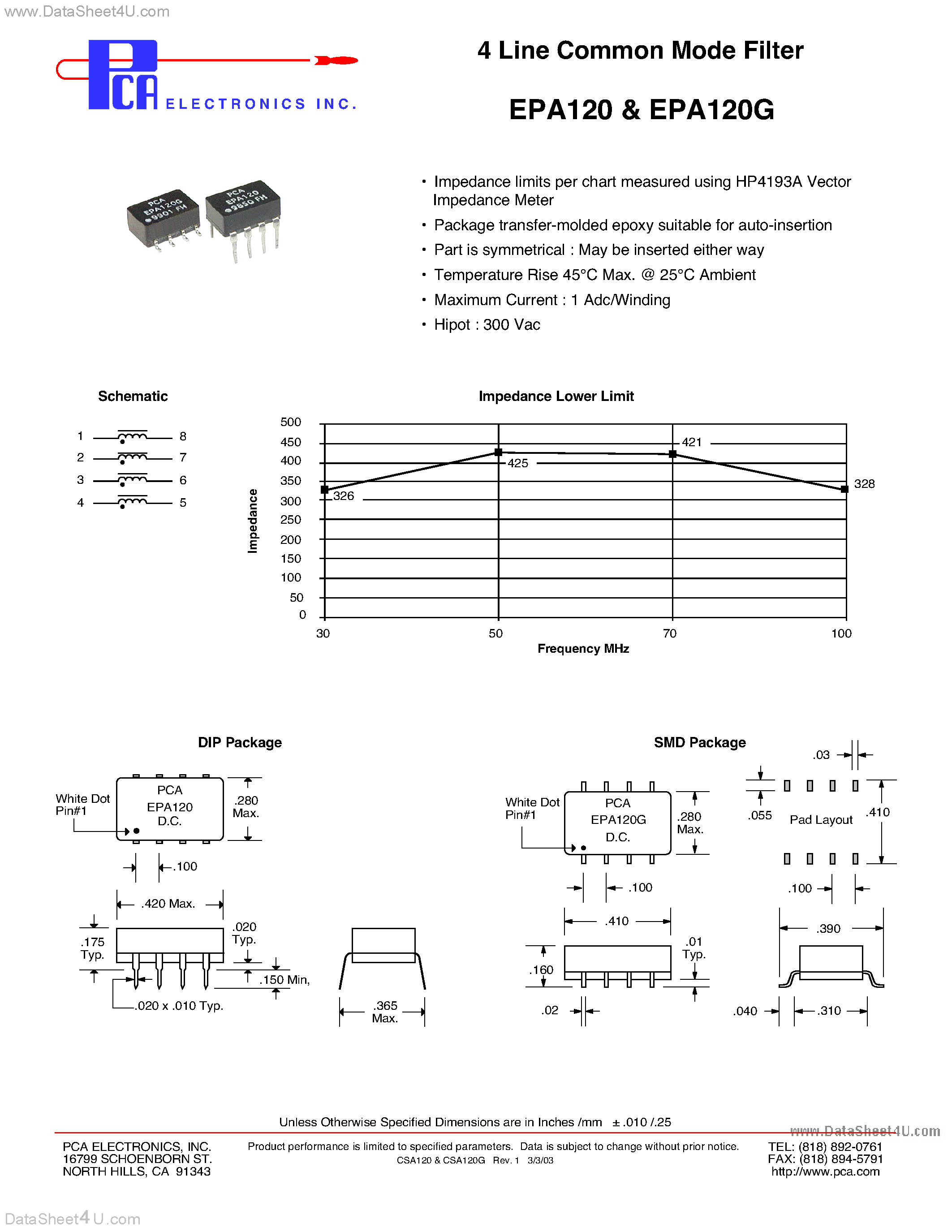 Даташит EPA120G - 4 Line Common Mode Filter страница 1