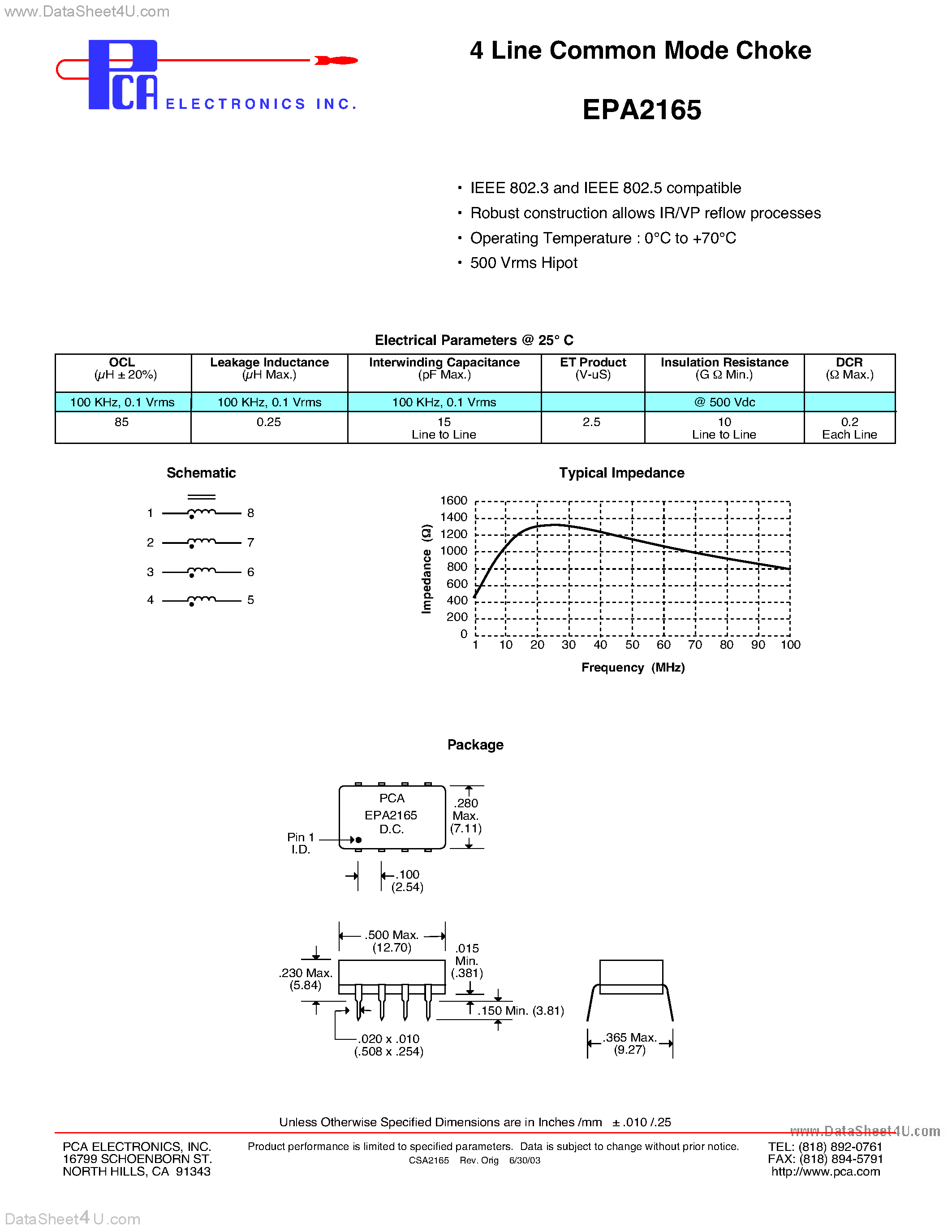 Даташит EPA2165 - 4 Line Common Mode Choke страница 1