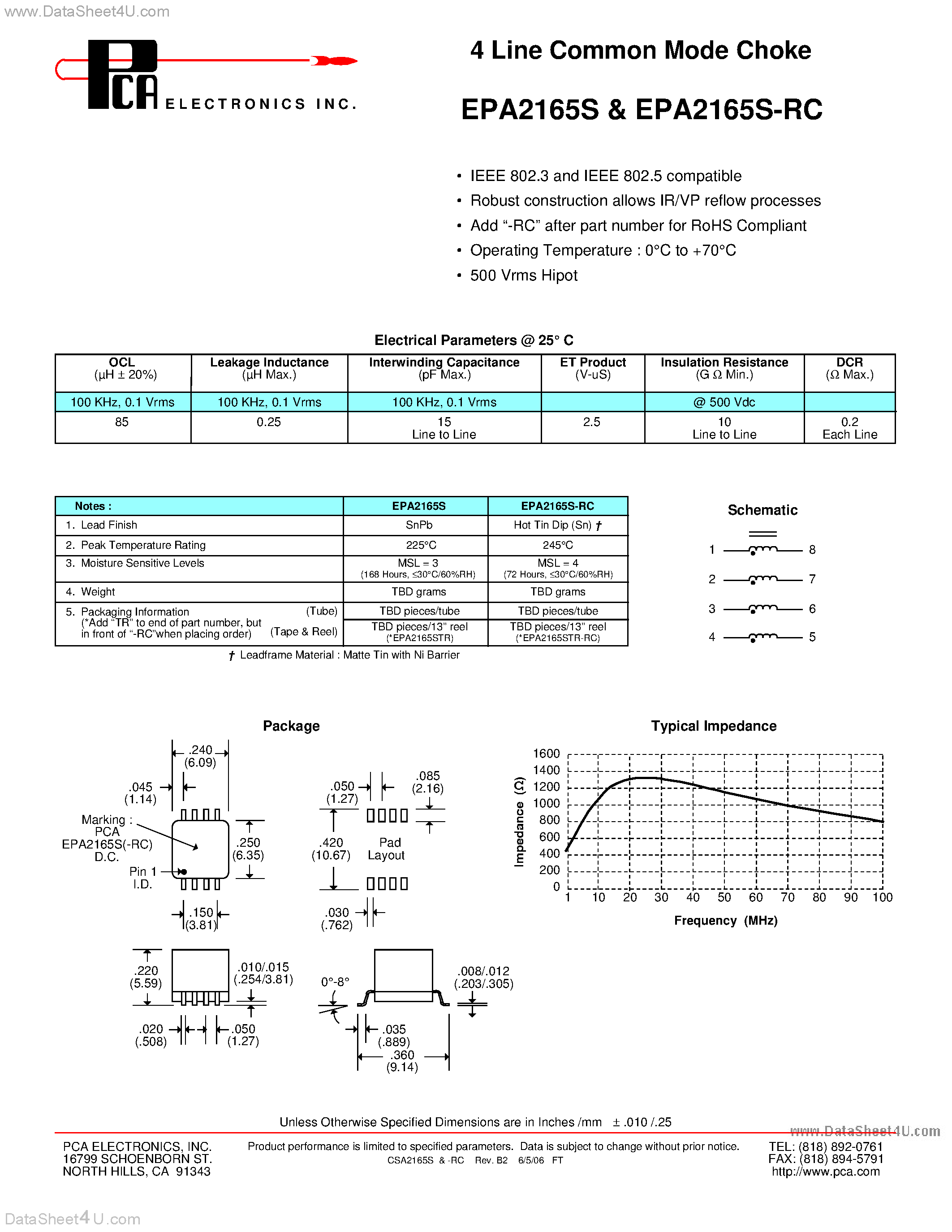 Даташит EPA2165S - 4 Line Common Mode Choke страница 1