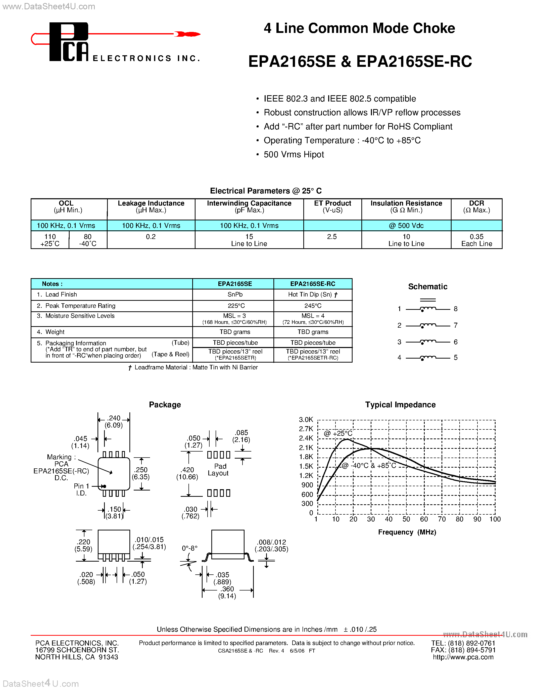 Даташит EPA2165SE - 4 Line Common Mode Choke страница 1