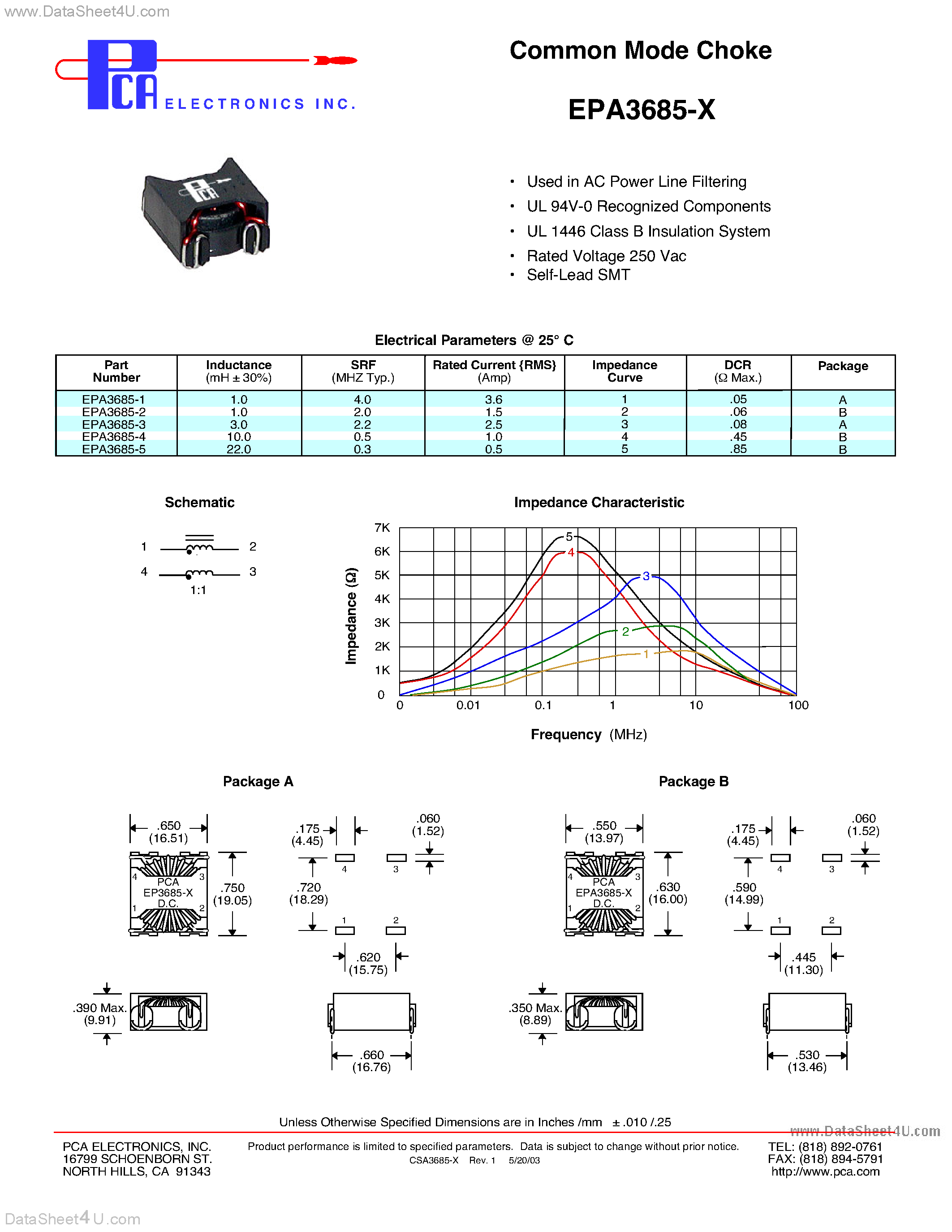Datasheet EPA3685-x - Common Mode Choke page 1