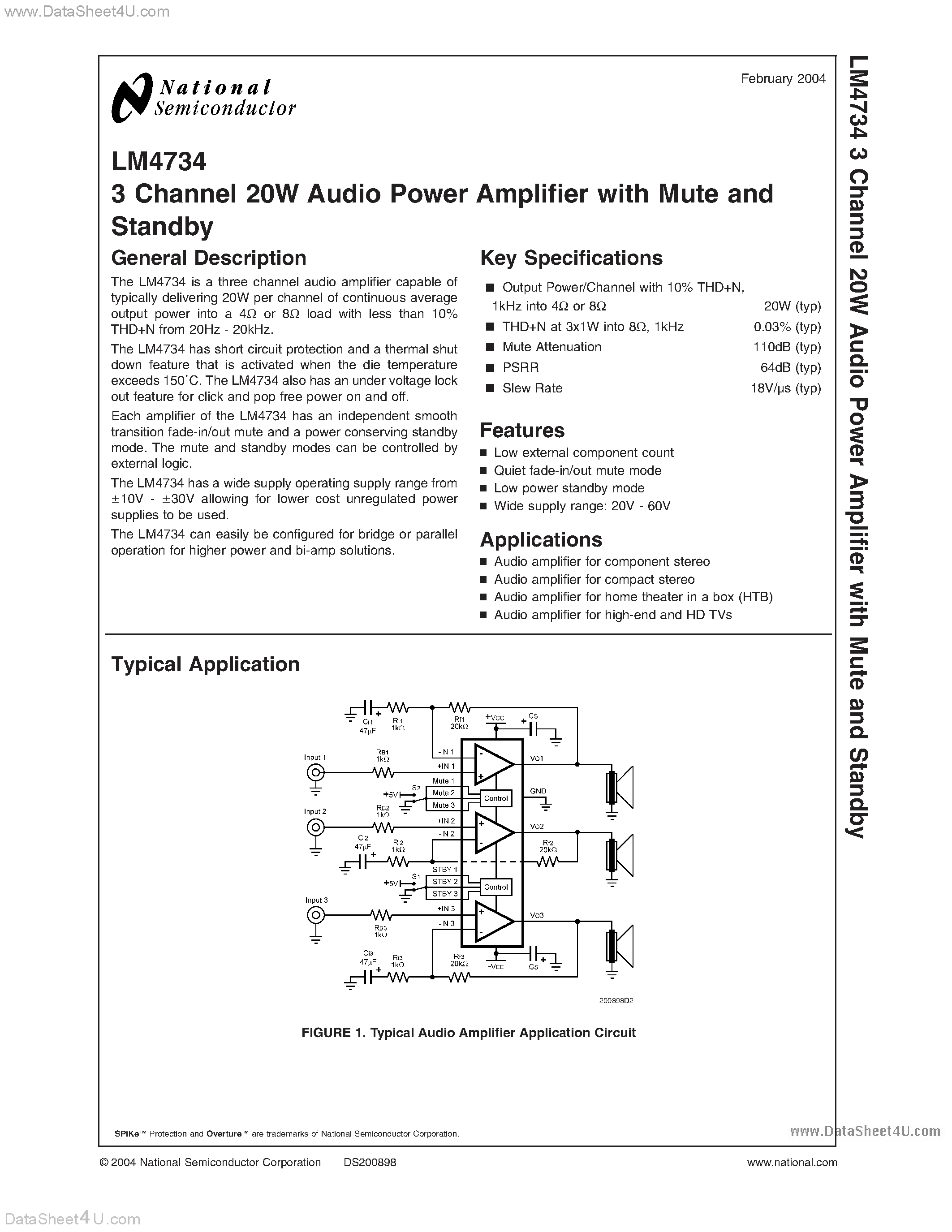 Datasheet LM4734 - 3 Channel 20W Audio Power Amplifier page 1