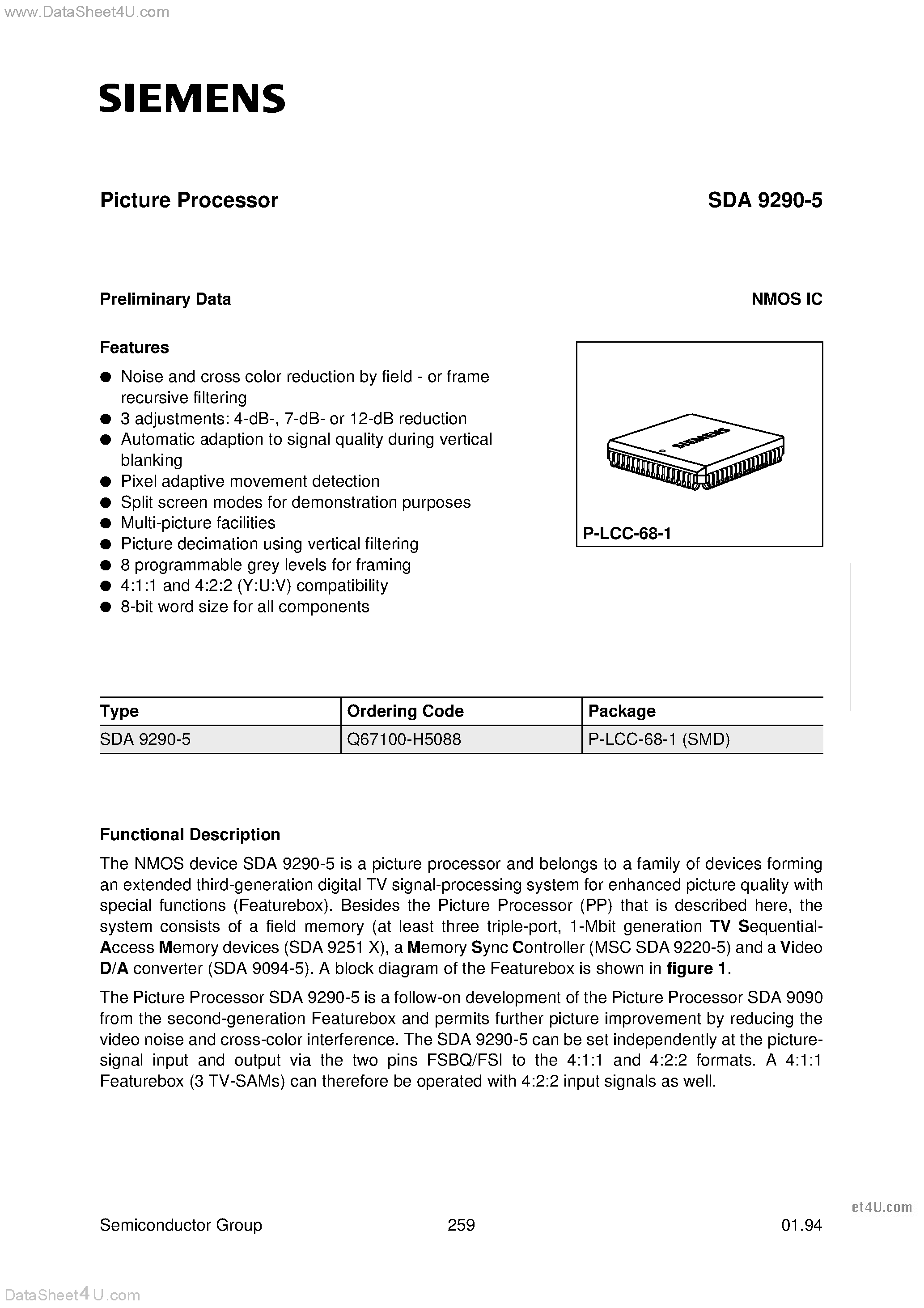 Datasheet SDA9290-5 - Picture Processor page 1