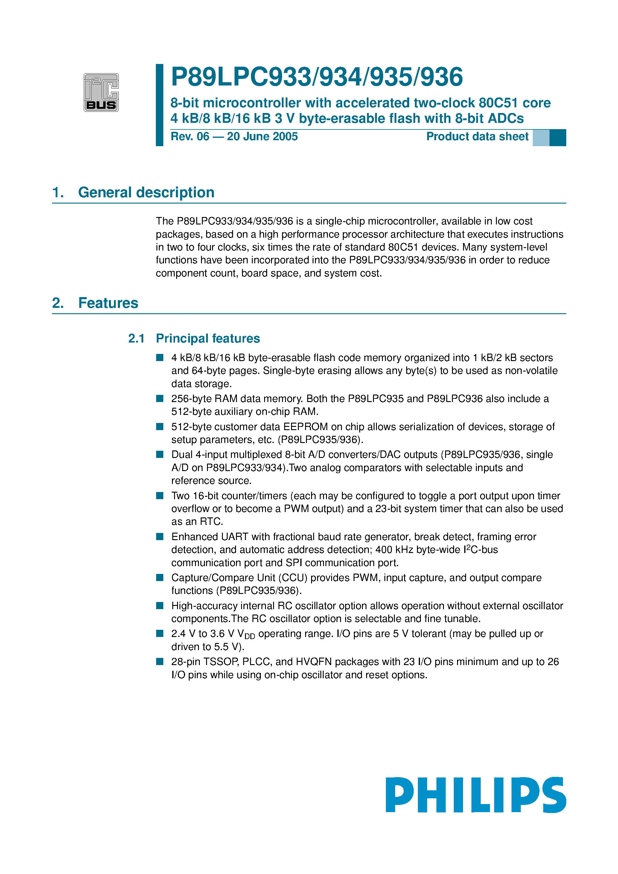 Datasheet P89LPC933 page 1 Datasheet P89LPC933 - (P89LPC933 - P89LPC936) 8-bit microcontroller page 1