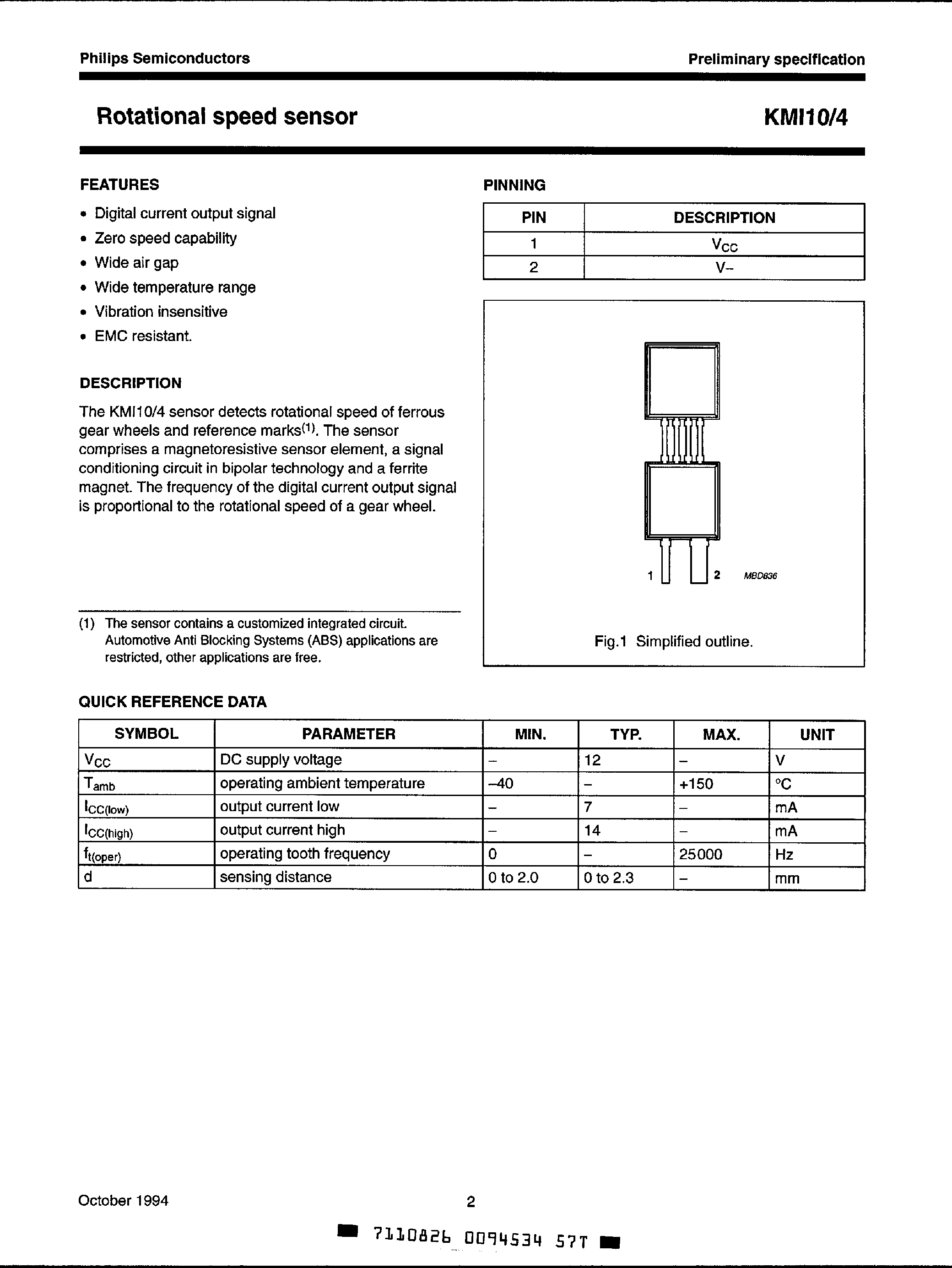 Datasheet KMI10/4 - Roational Speed Sensor page 1