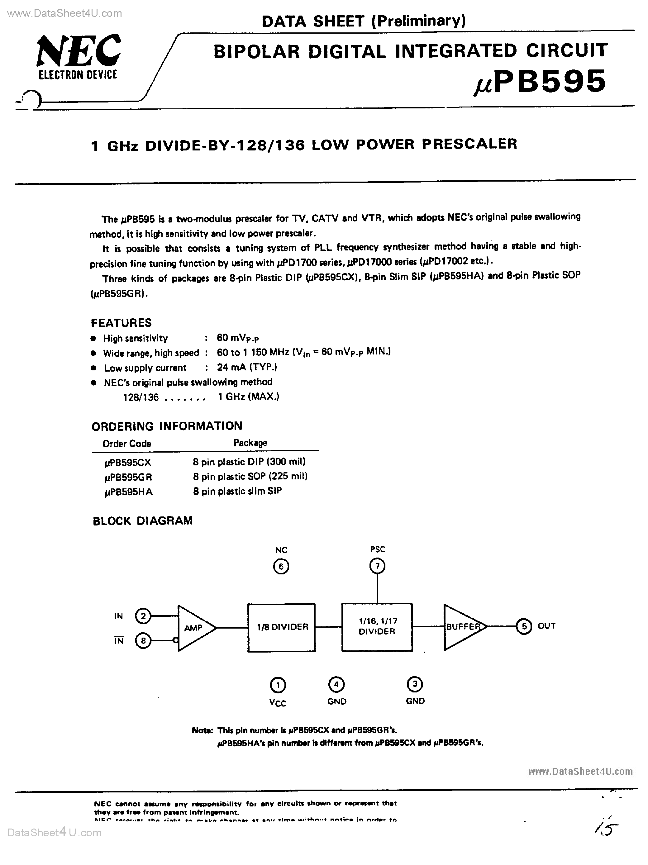 Datasheet UPB595 - 1 Ghz Divide By 128/136 Low Power Prescaler page 1