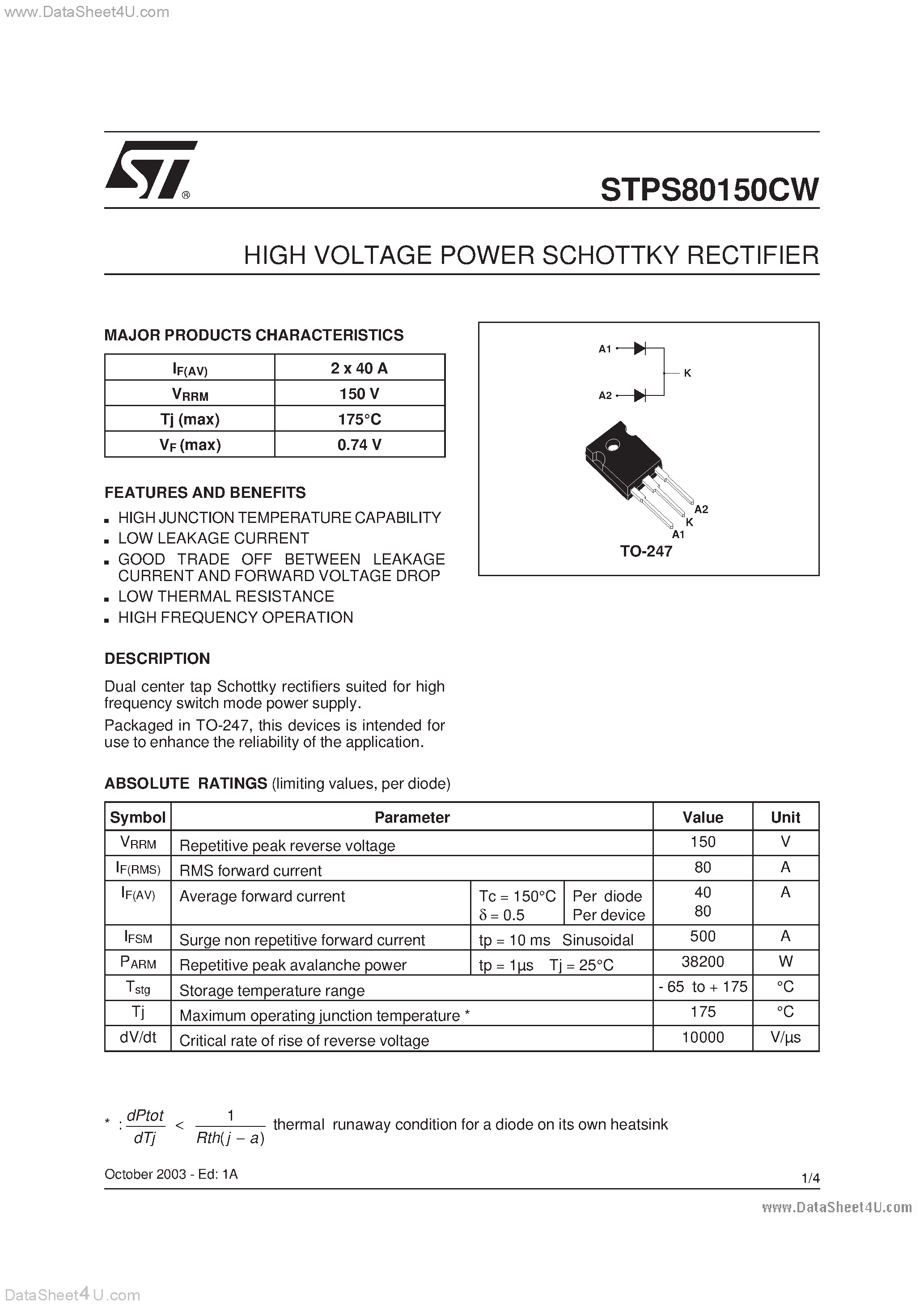 Datasheet STPS80150CW - HIGH VOLTAGE POWER SCHOTTKY RECTIFIER page 1