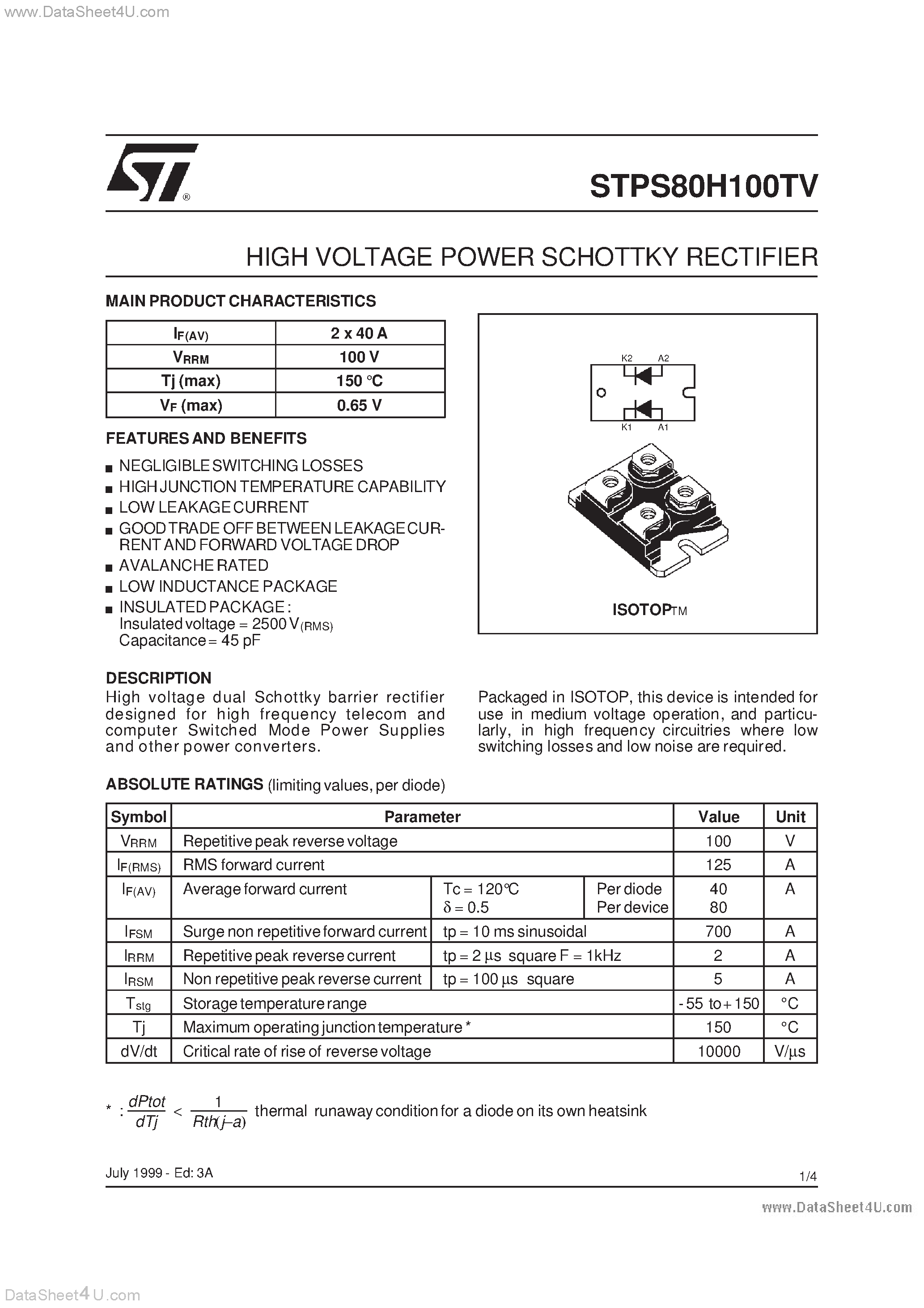 Datasheet STPS80H100TV - HIGH VOLTAGE POWER SCHOTTKY RECTIFIER page 1