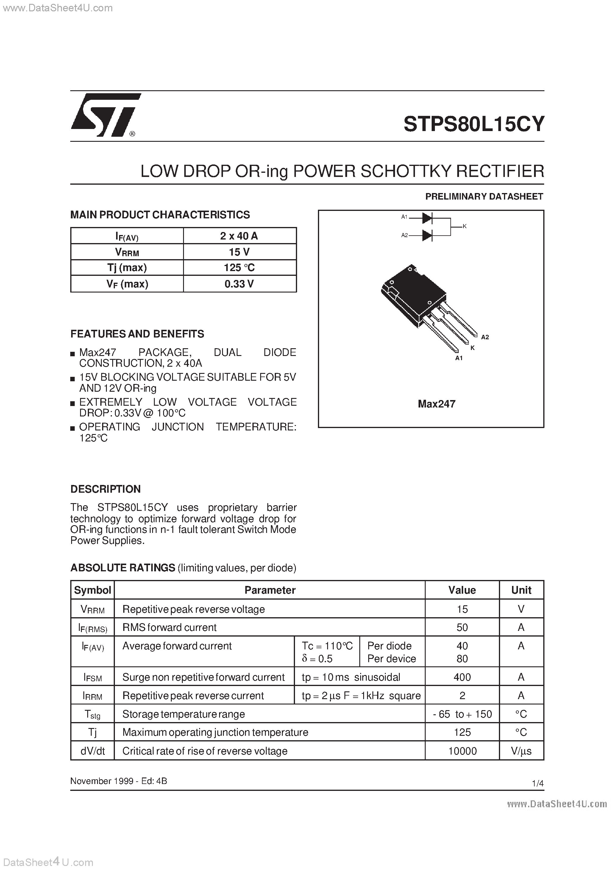 Datasheet STPS80L15CY - LOW DROP OR-ing POWER SCHOTTKY RECTIFIER page 1