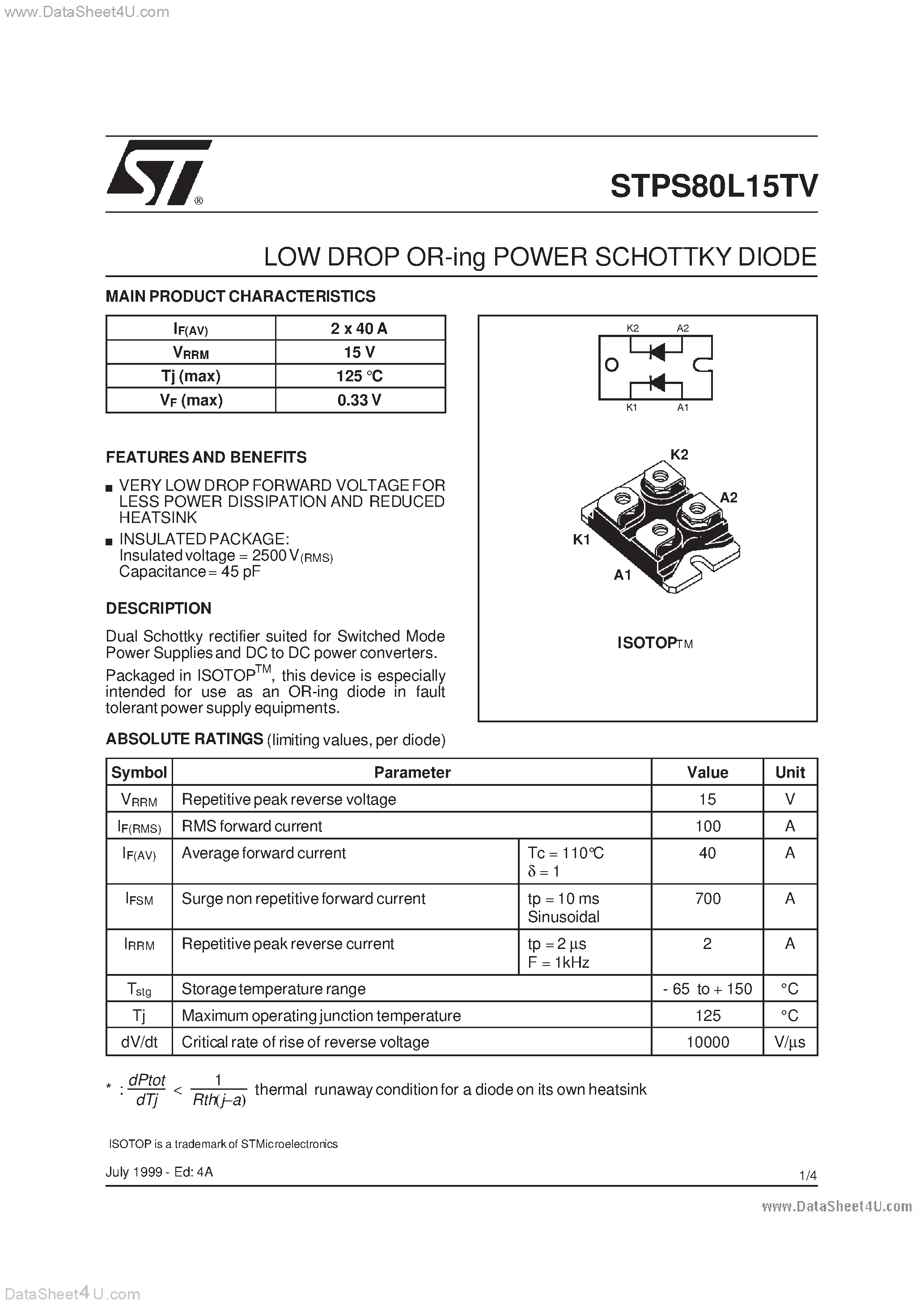 Datasheet STPS80L15TV - LOW DROP OR-ing POWER SCHOTTKY DIODE page 1