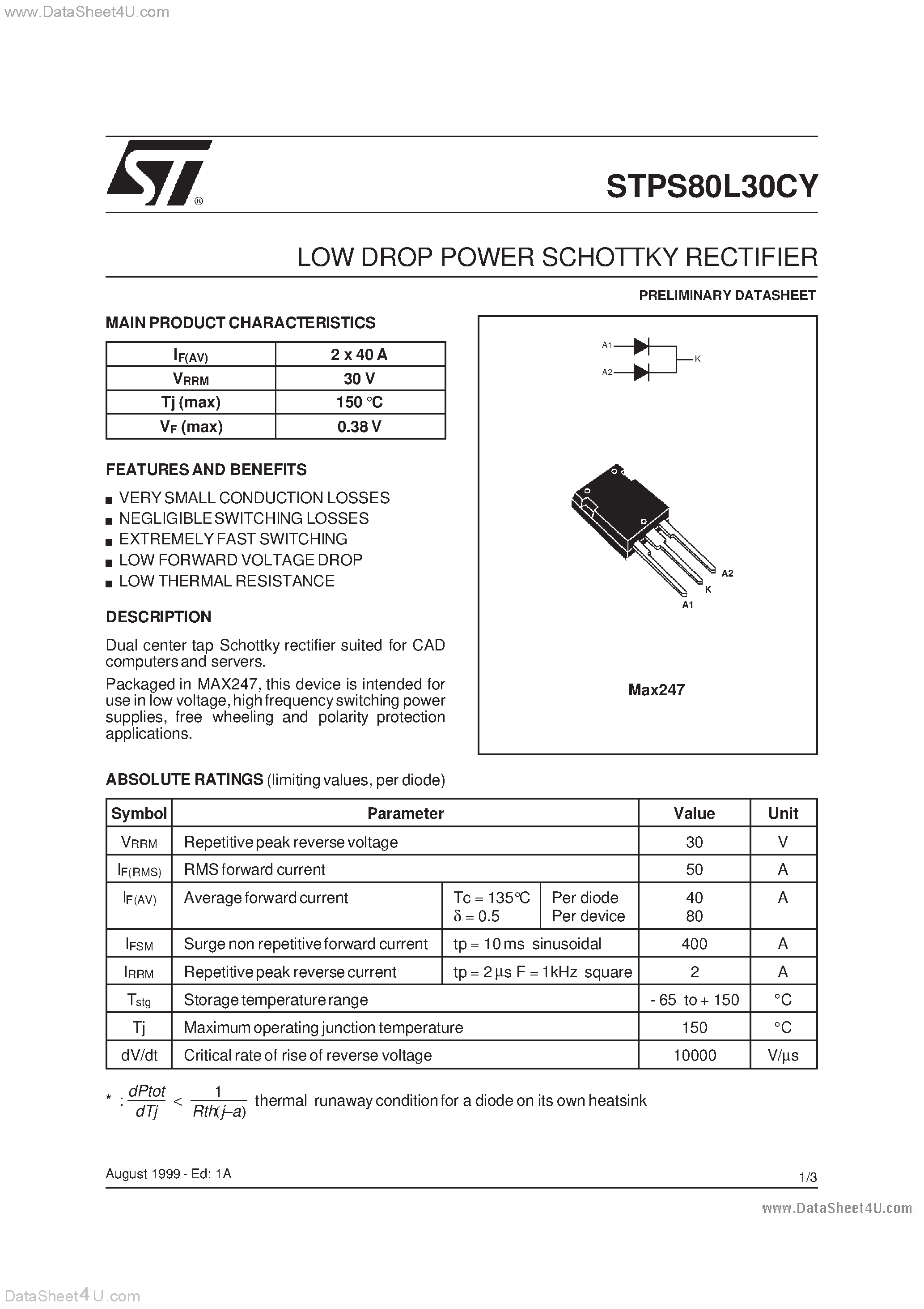 Datasheet STPS80L30CY - LOW DROP POWER SCHOTTKY RECTIFIER page 1