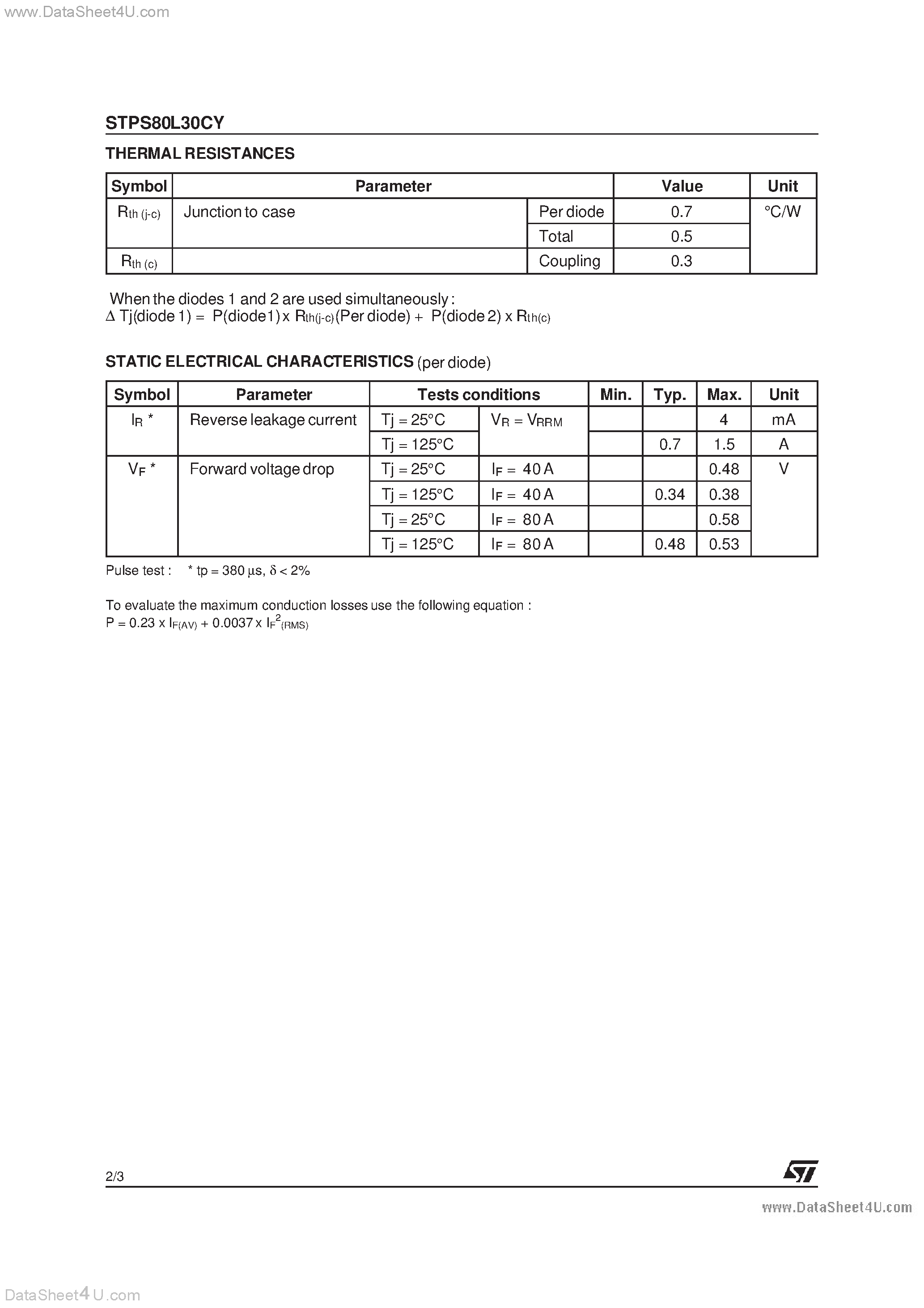 Datasheet STPS80L30CY - LOW DROP POWER SCHOTTKY RECTIFIER page 2