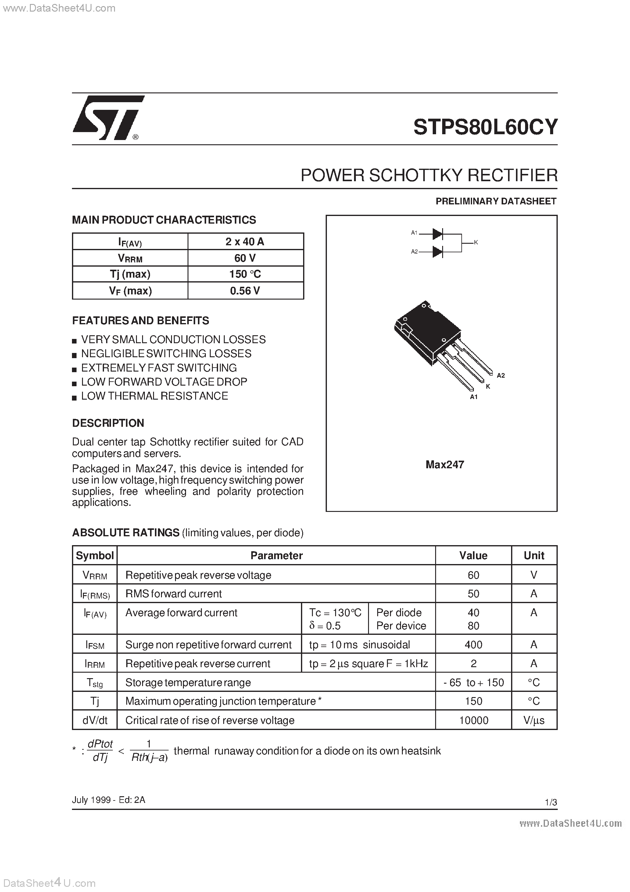 Datasheet STPS80L60CY - POWER SCHOTTKY RECTIFIER page 1