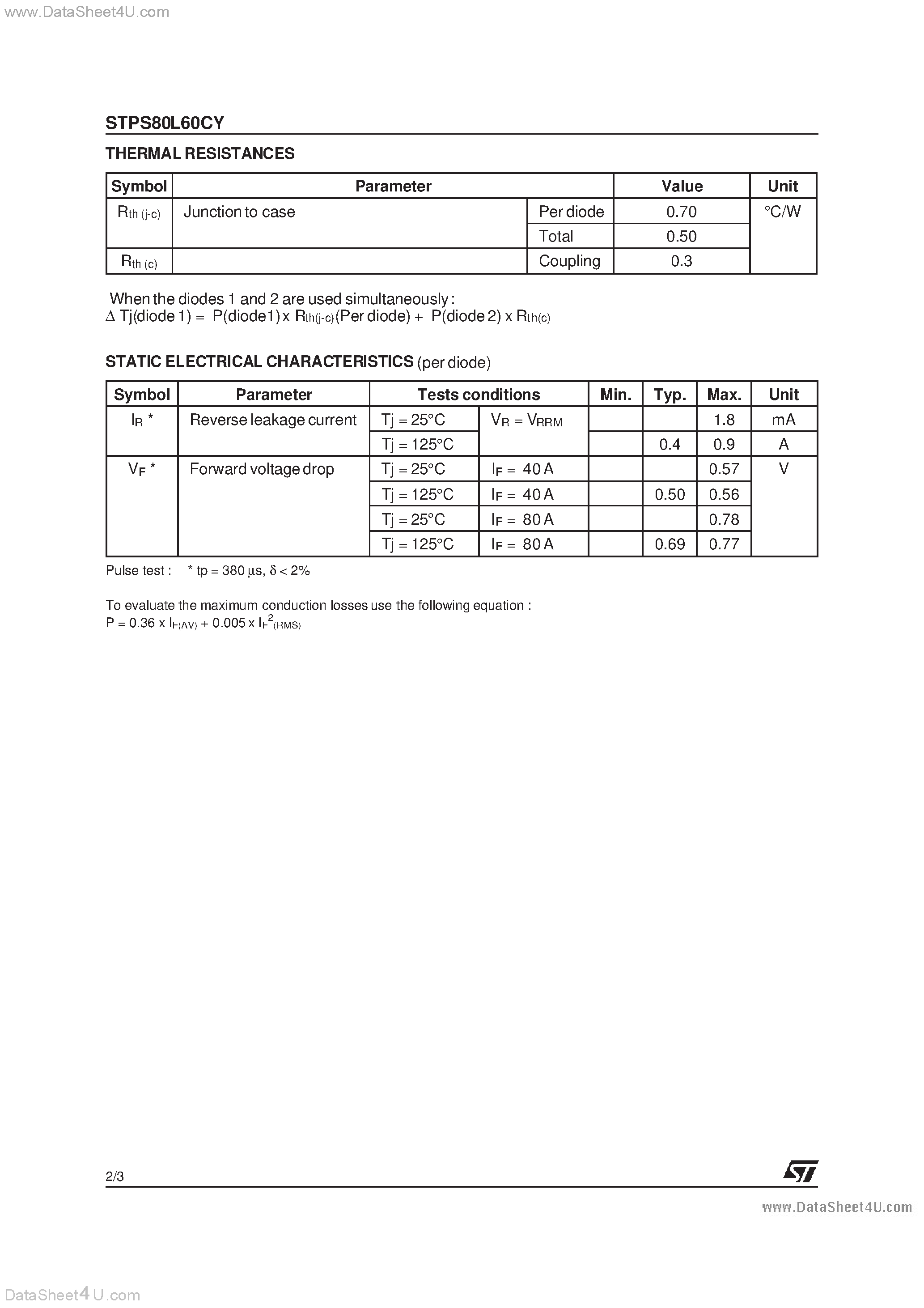 Datasheet STPS80L60CY - POWER SCHOTTKY RECTIFIER page 2