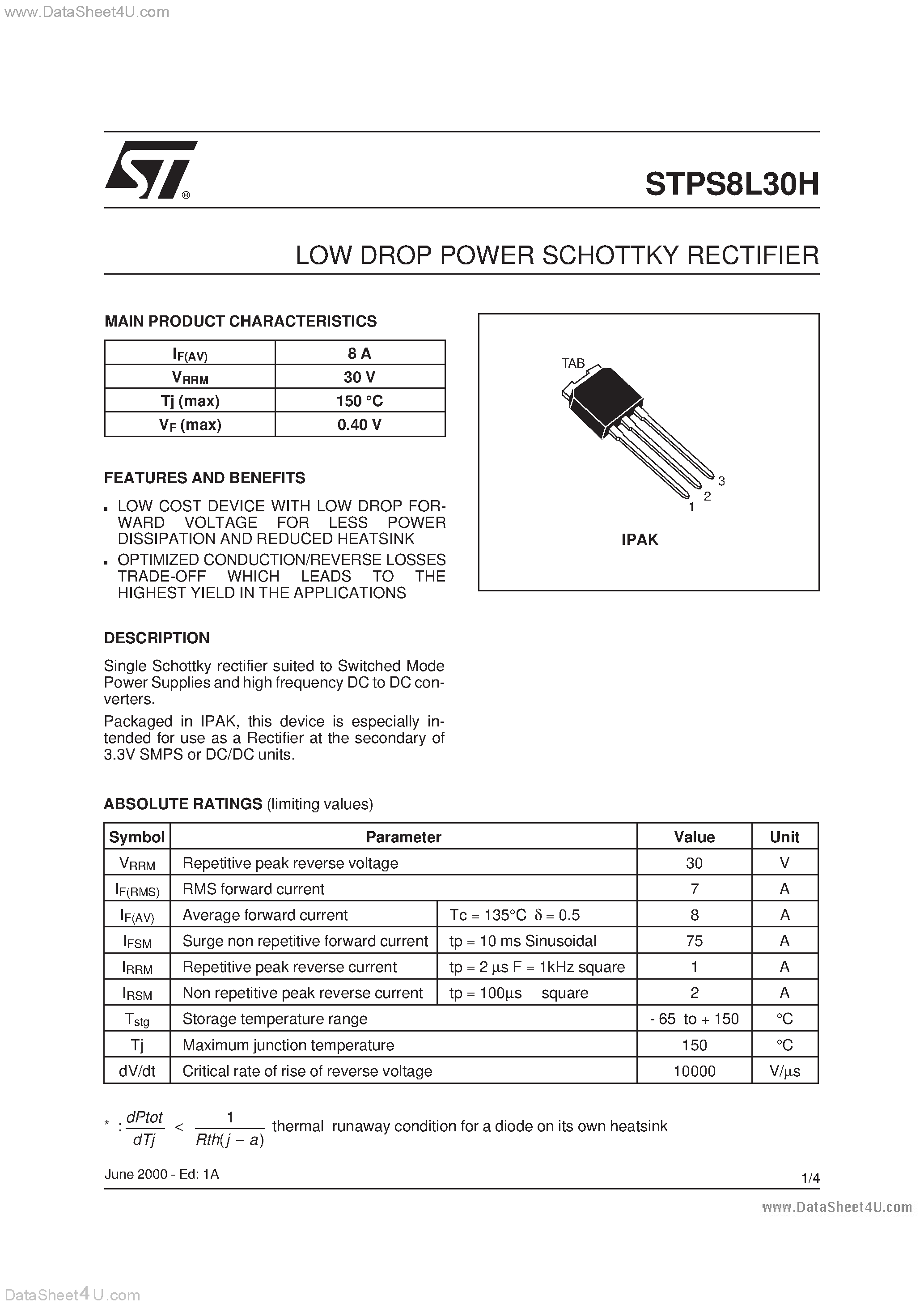 Datasheet STPS8L30H - LOW DROP POWER SCHOTTKY RECTIFIER page 1