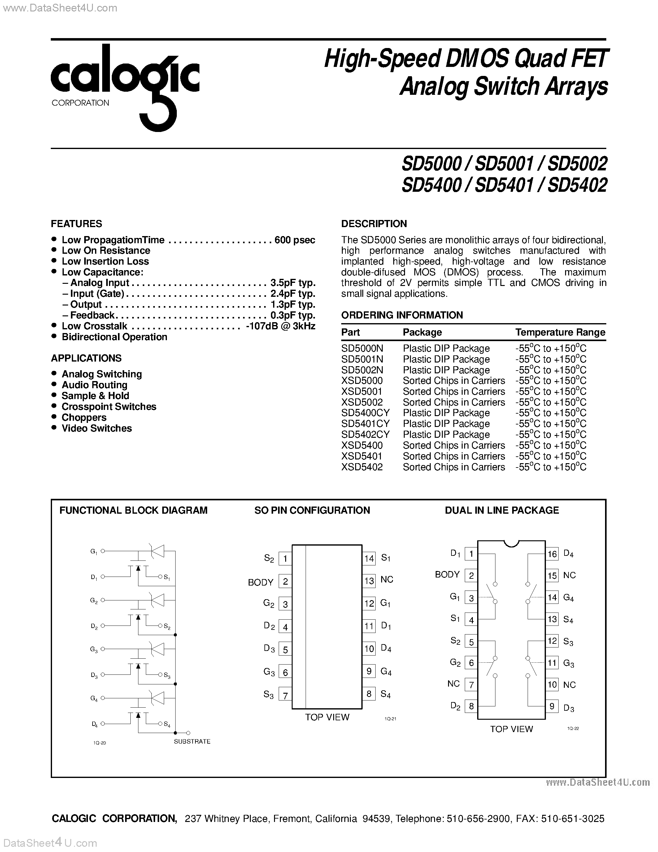 Datasheet SD5000 page 1 Datasheet SD5000 - (SD5000 - SD5402) High-Speed DMOS Quad FET Analog Switch Arrays page 1