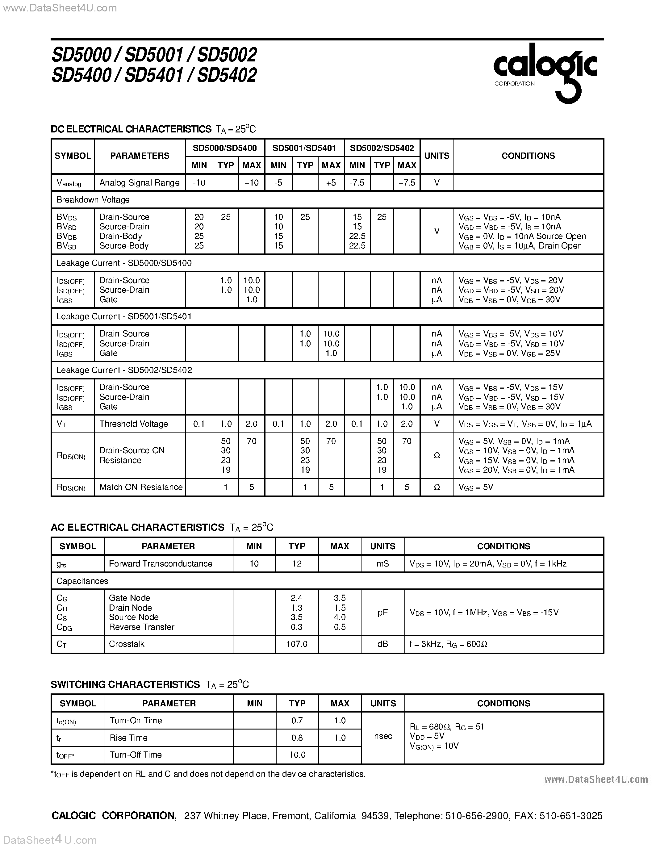 Datasheet SD5000 page 2 Datasheet SD5000 - (SD5000 - SD5402) High-Speed DMOS Quad FET Analog Switch Arrays page 2