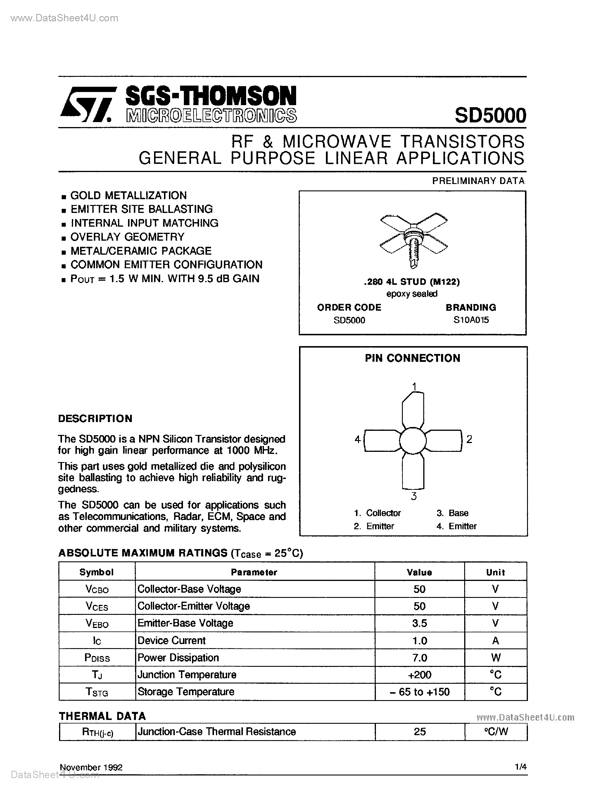 Datasheet SD5000 - RF & Microwave Transistors page 1